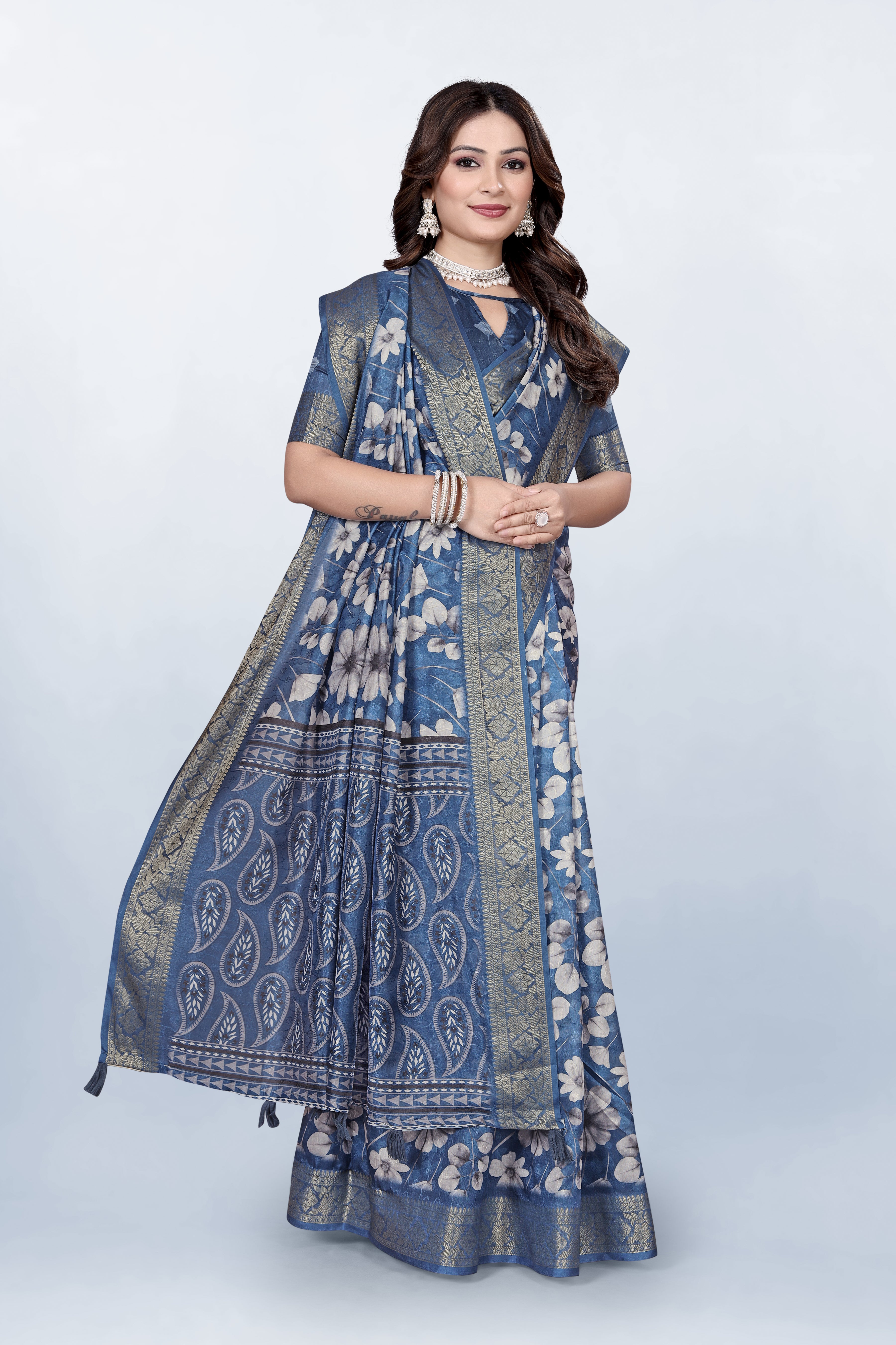 Krishna Pastel Navy Blue Floral Print Self Jacquard Silk Saree