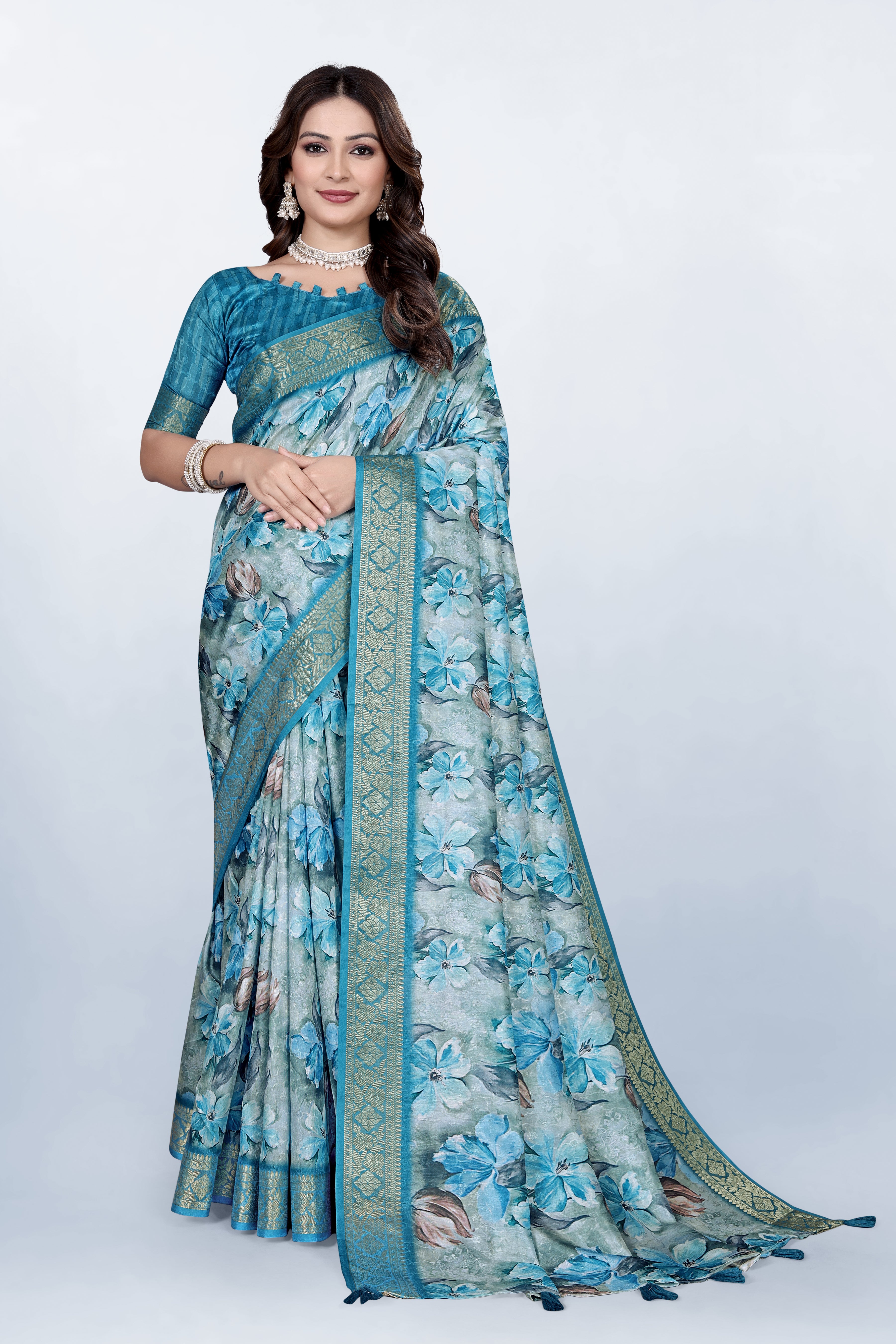 Krishna Pastel Blue Floral Print Self Jacquard Silk Saree