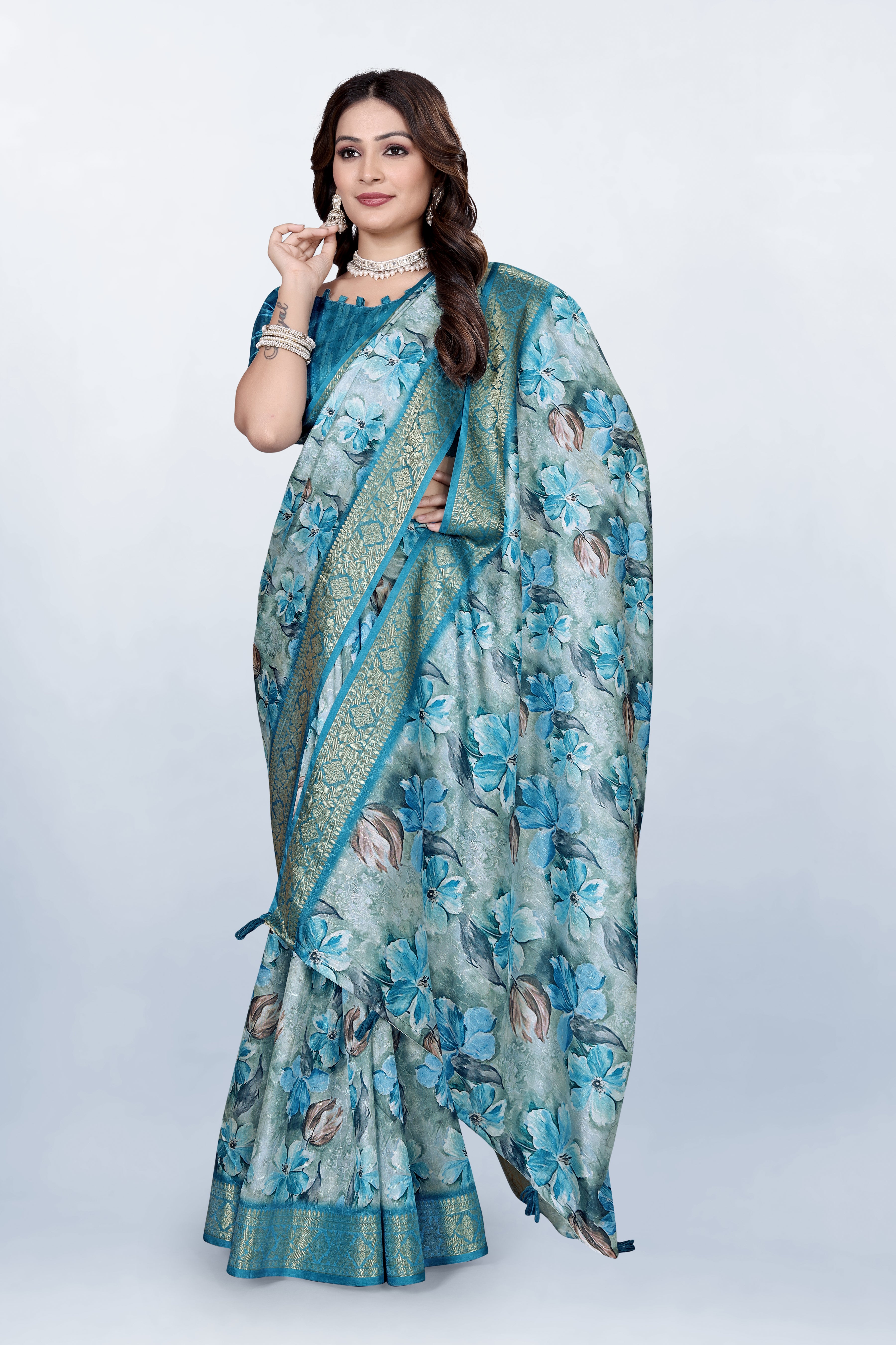 Krishna Pastel Blue Floral Print Self Jacquard Silk Saree