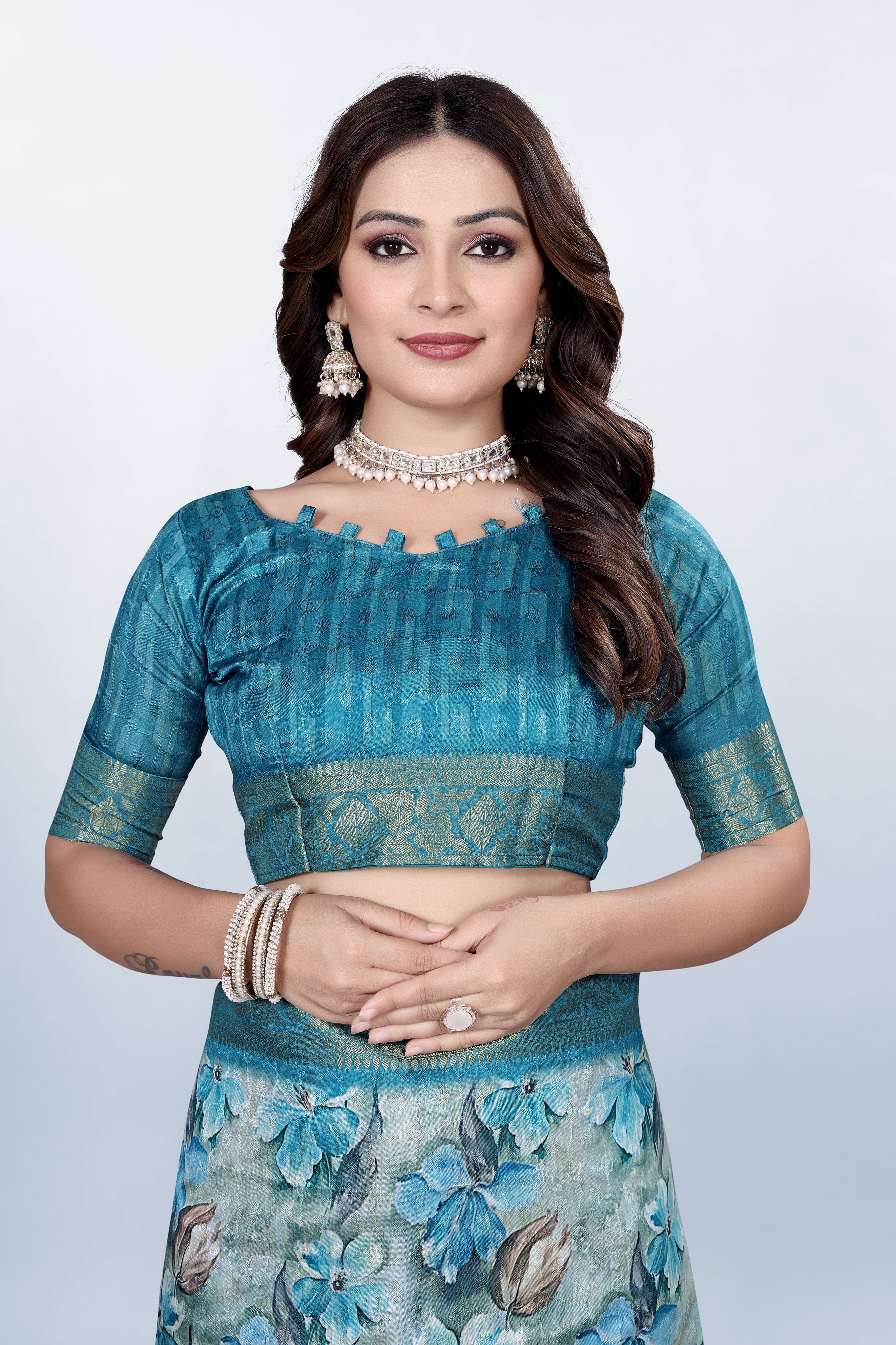 Krishna Pastel Blue Floral Print Self Jacquard Silk Saree