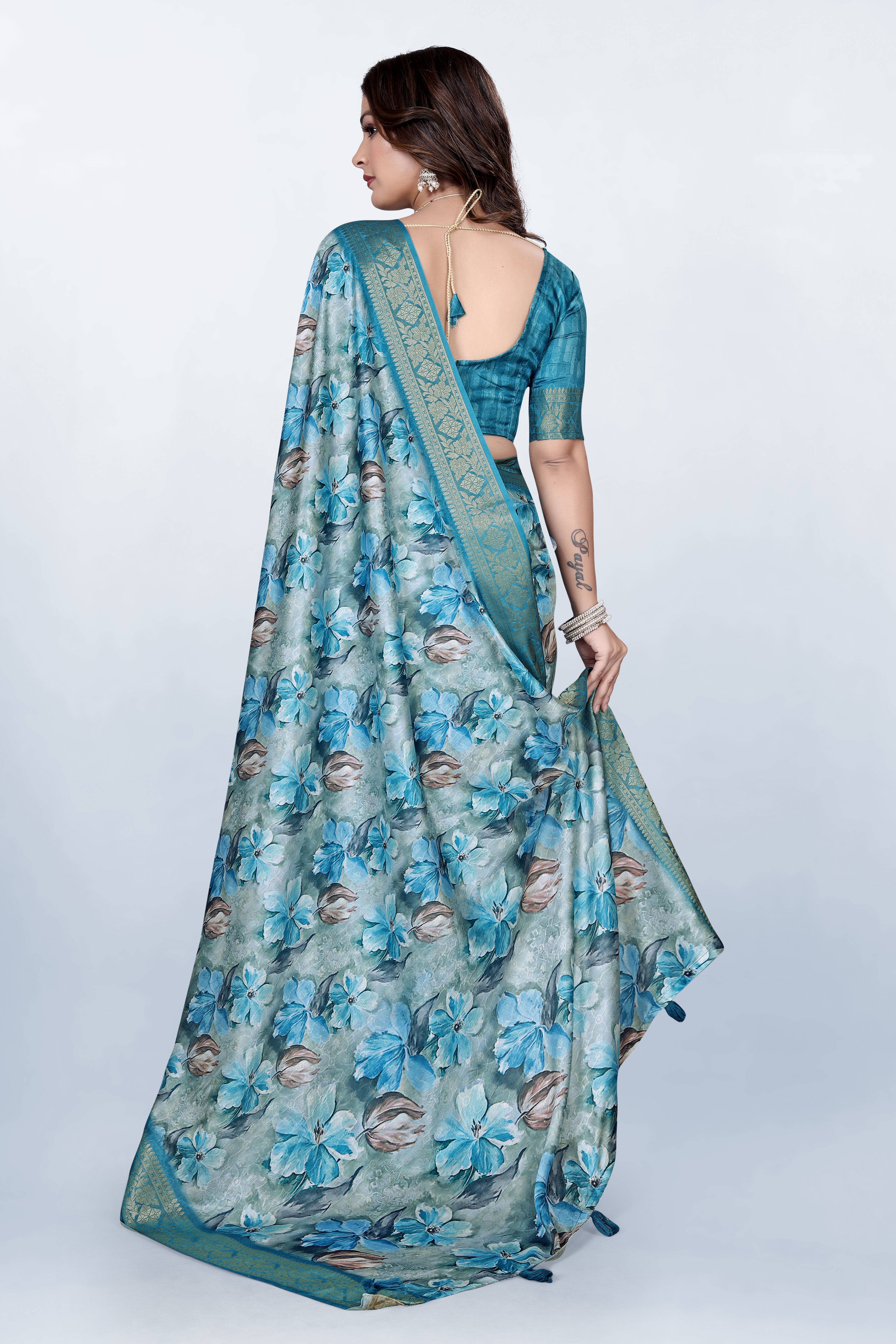 Krishna Pastel Blue Floral Print Self Jacquard Silk Saree