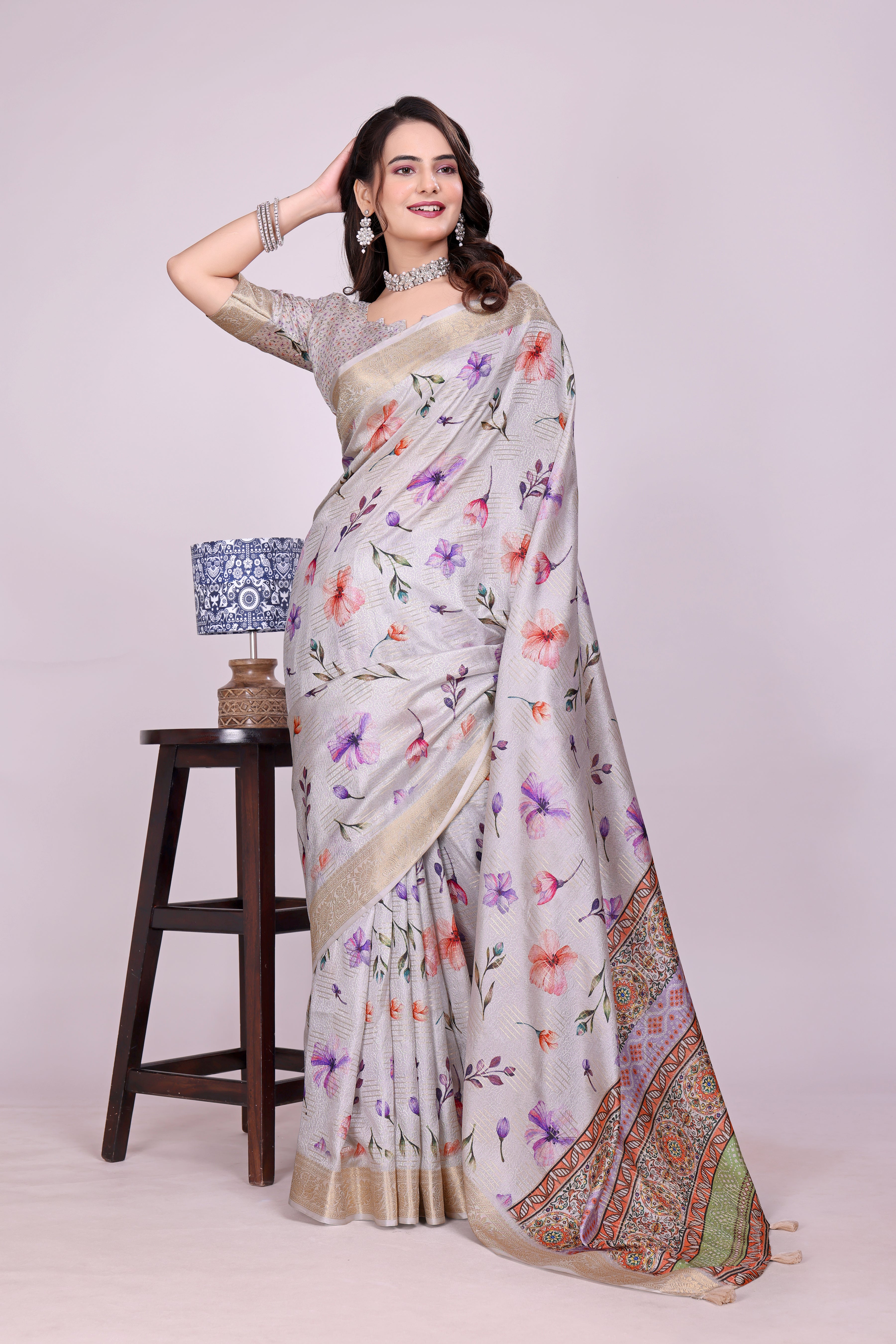 Karishma Metallic White Self Jacquard Silk Saree