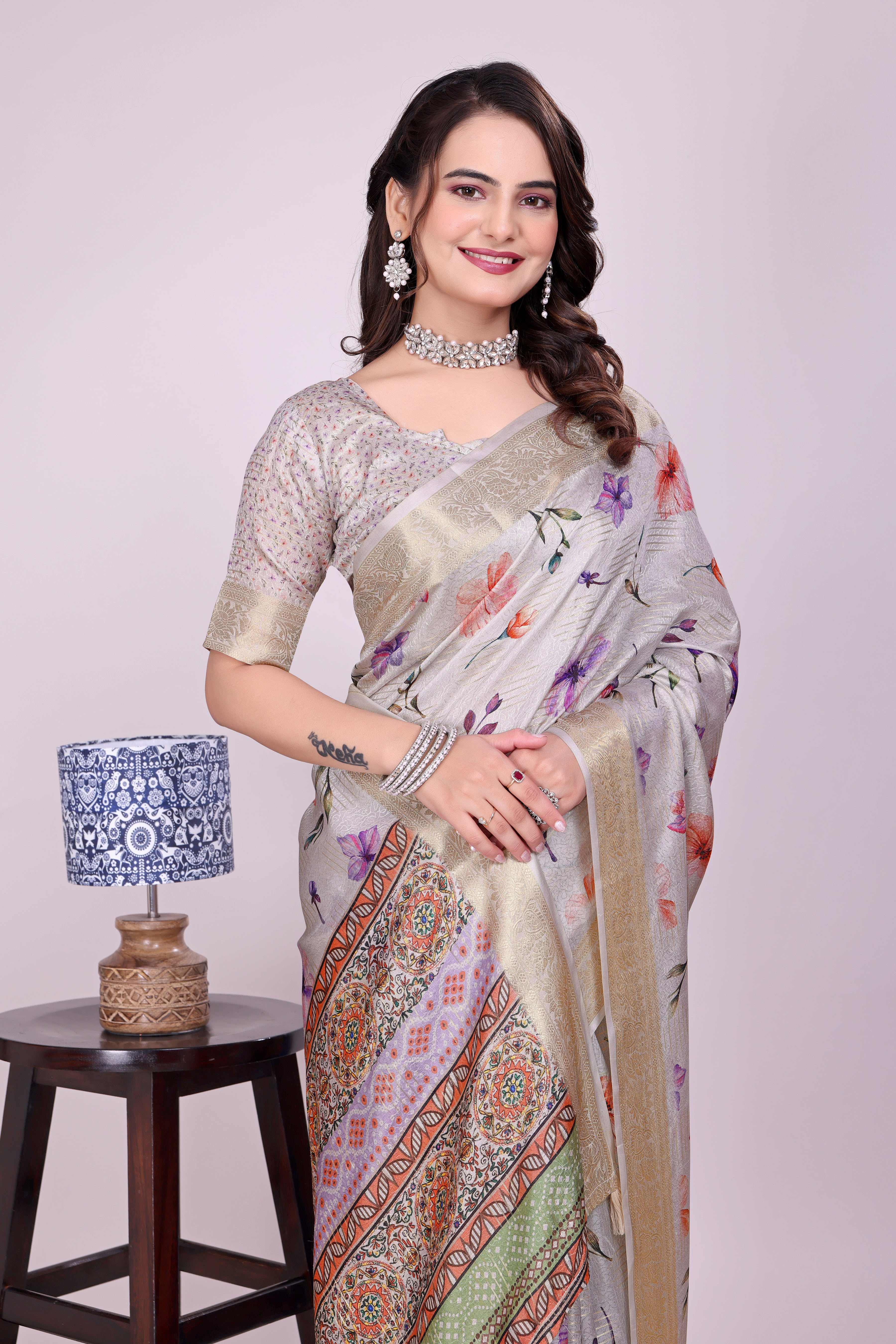 Karishma Metallic White Self Jacquard Silk Saree