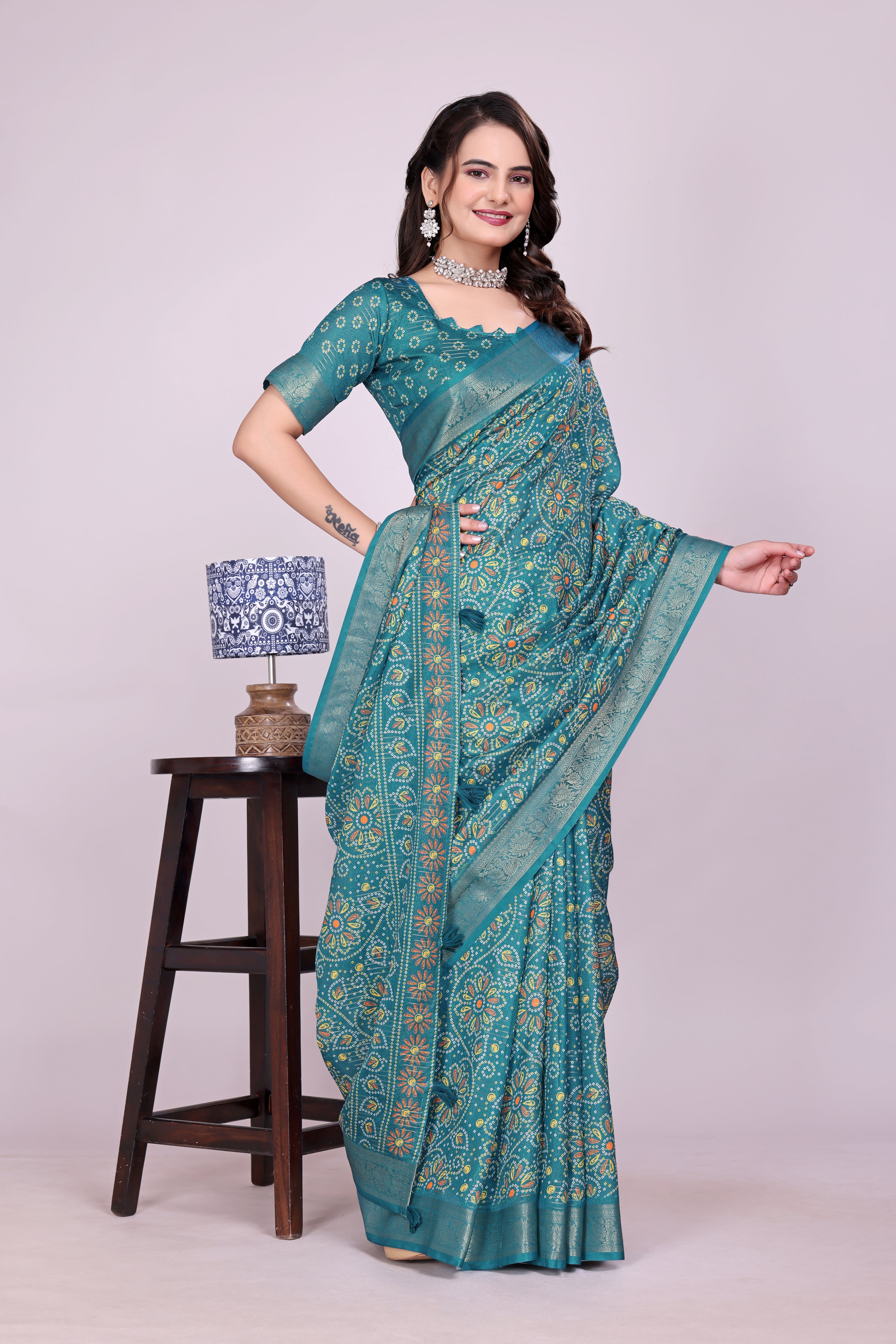 Karishma Blue Bandhani Self Jacquard Silk Saree