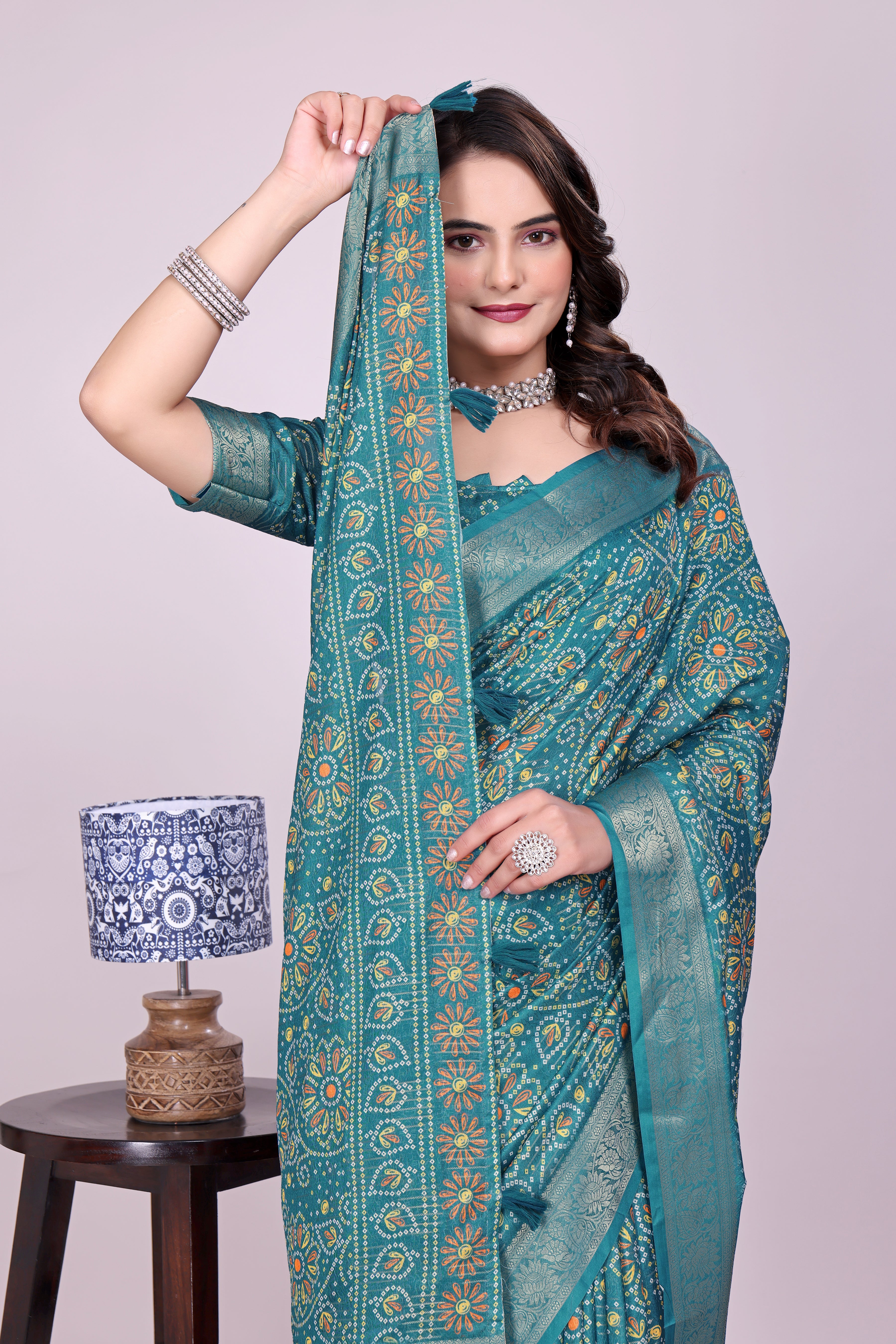 Karishma Blue Bandhani Self Jacquard Silk Saree