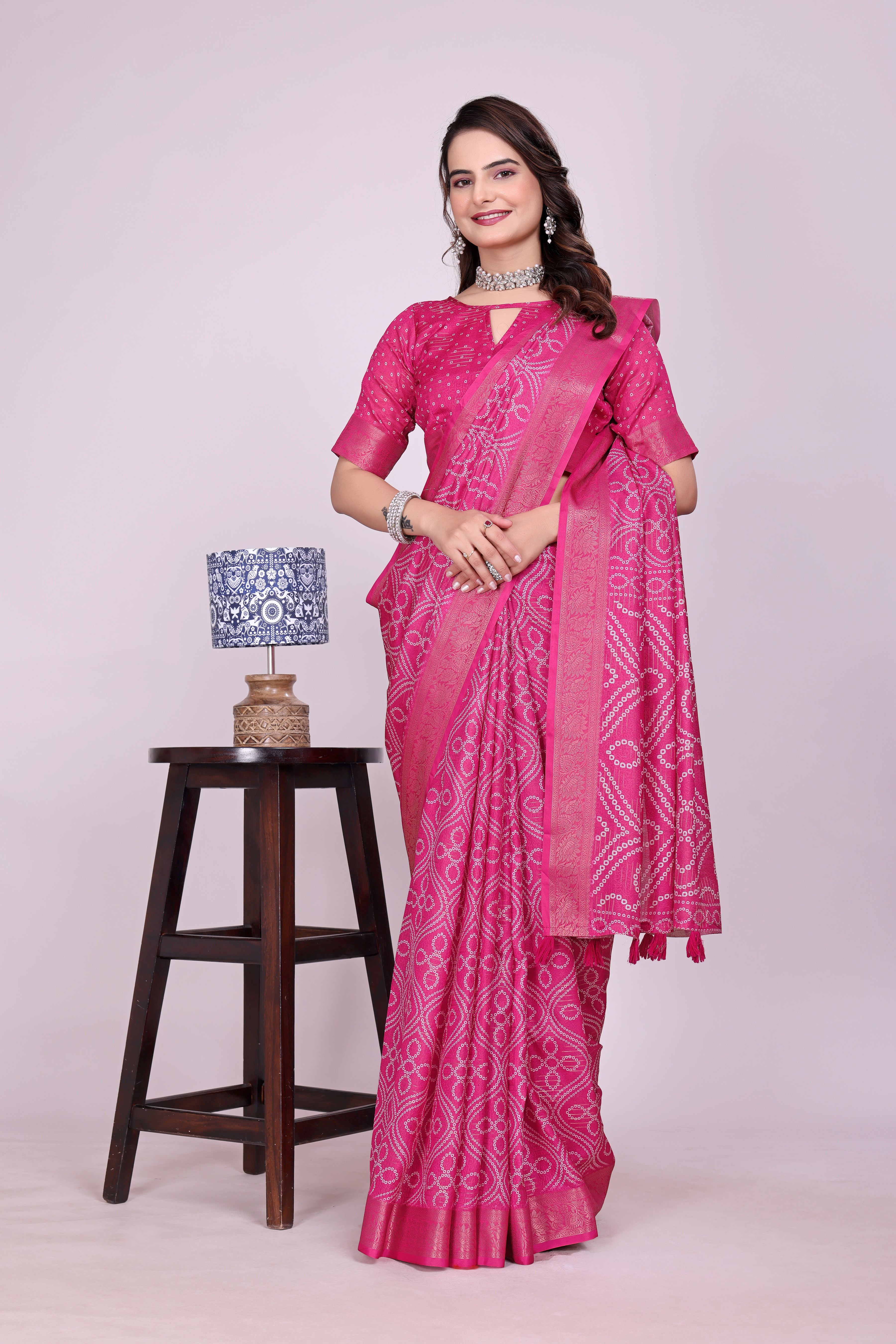 Karishma Pink Bandhani Self Jacquard Silk Saree