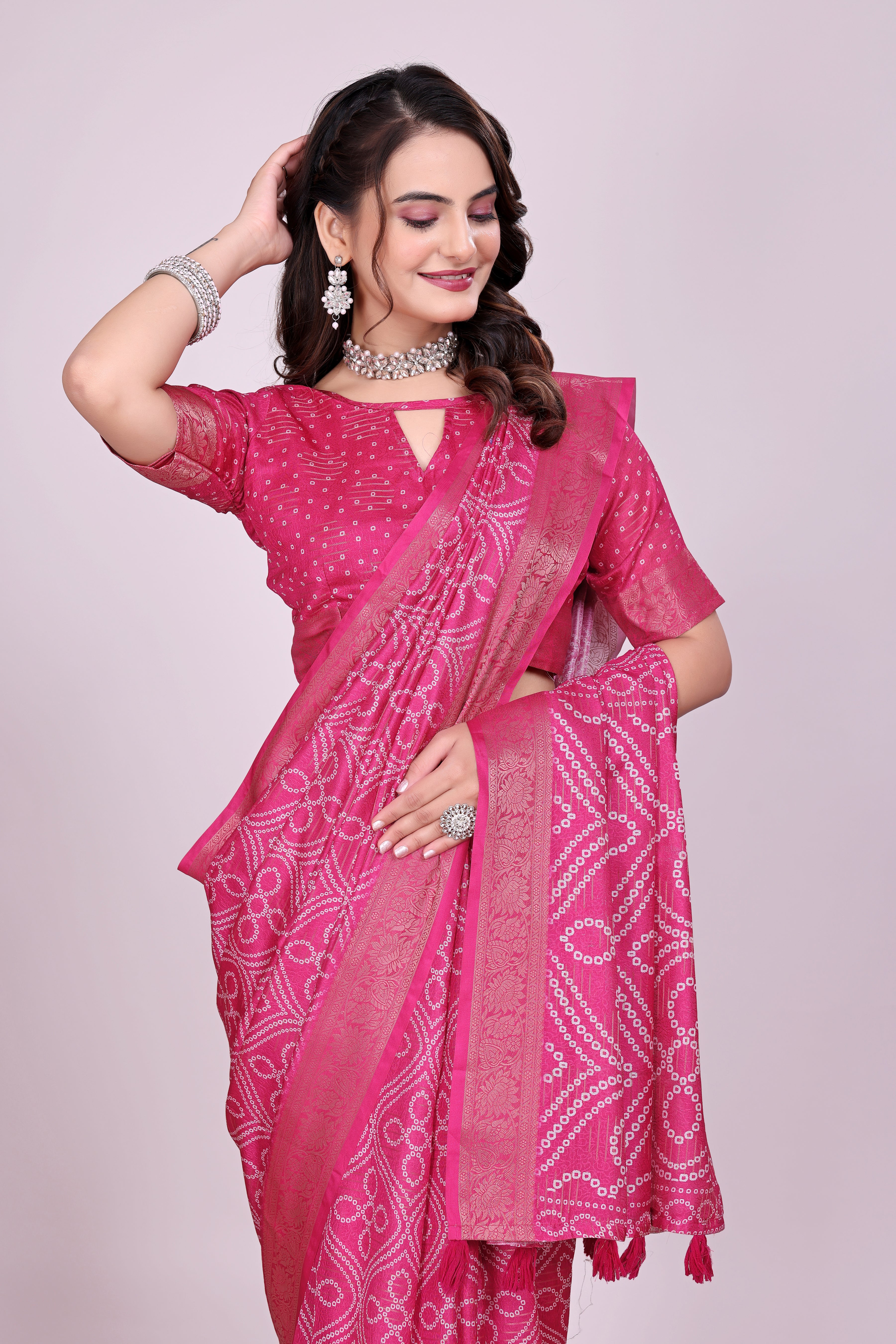 Karishma Pink Bandhani Self Jacquard Silk Saree