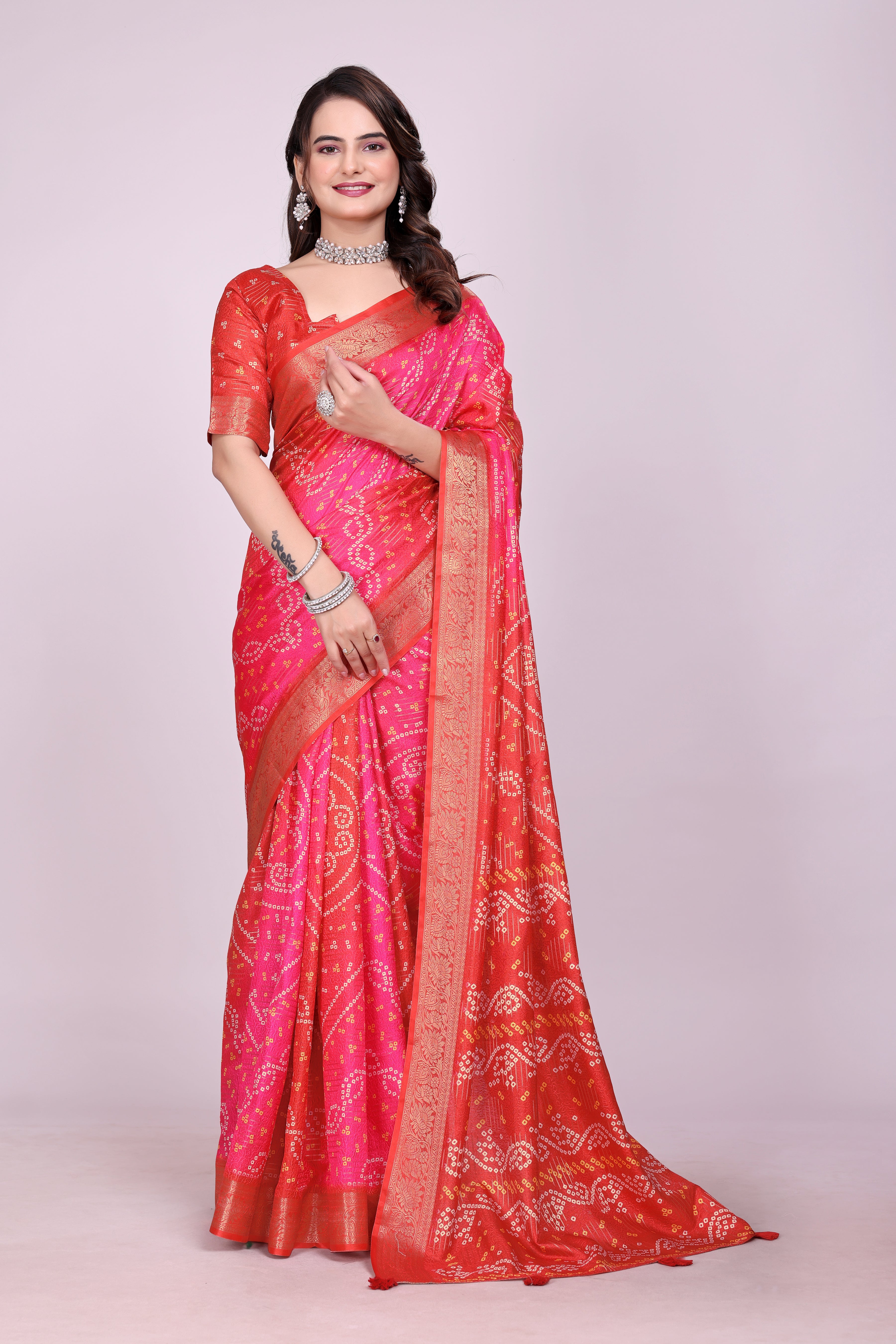Karishma Orangish bandhani Self Jacquard Silk Saree