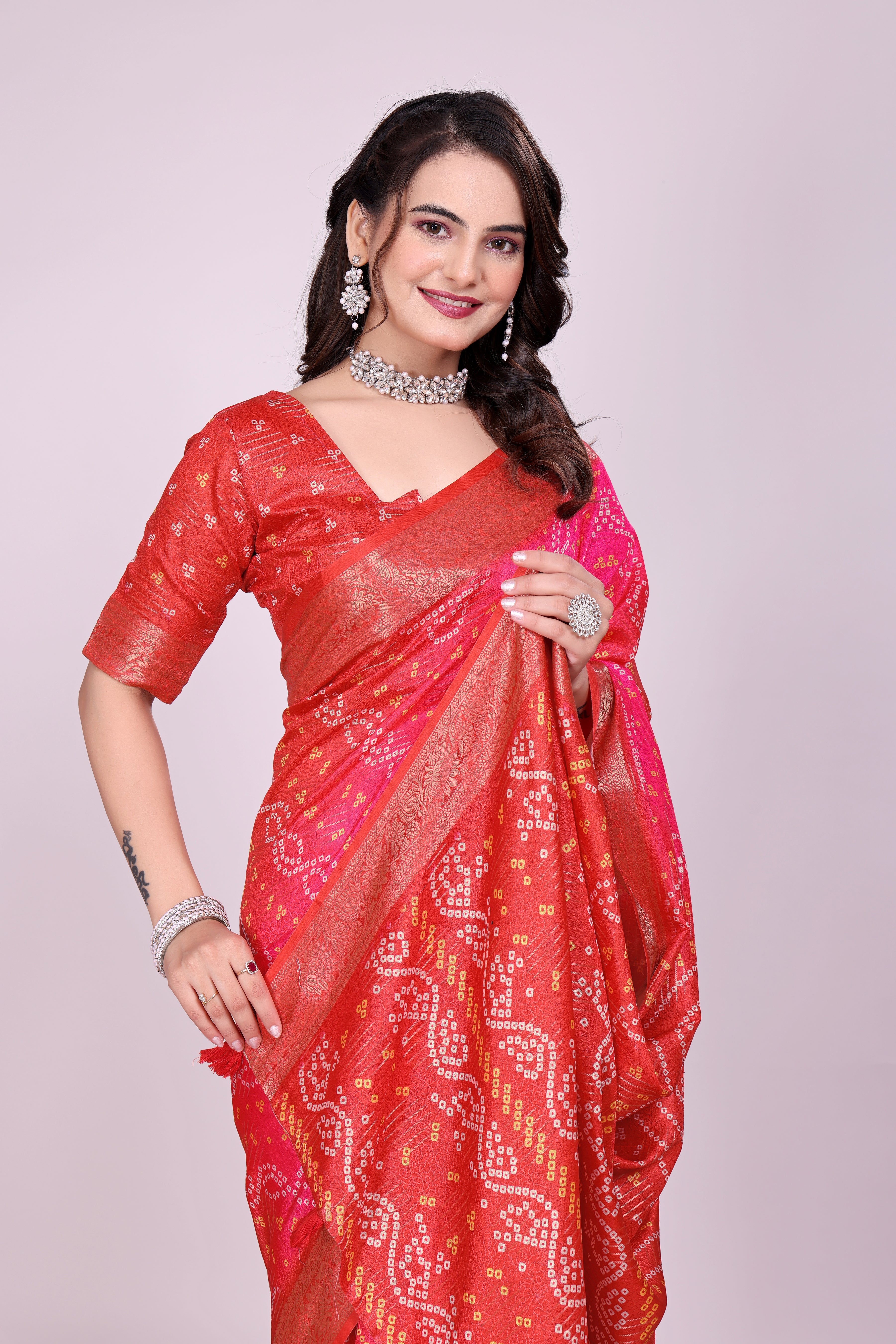 Karishma Orangish bandhani Self Jacquard Silk Saree