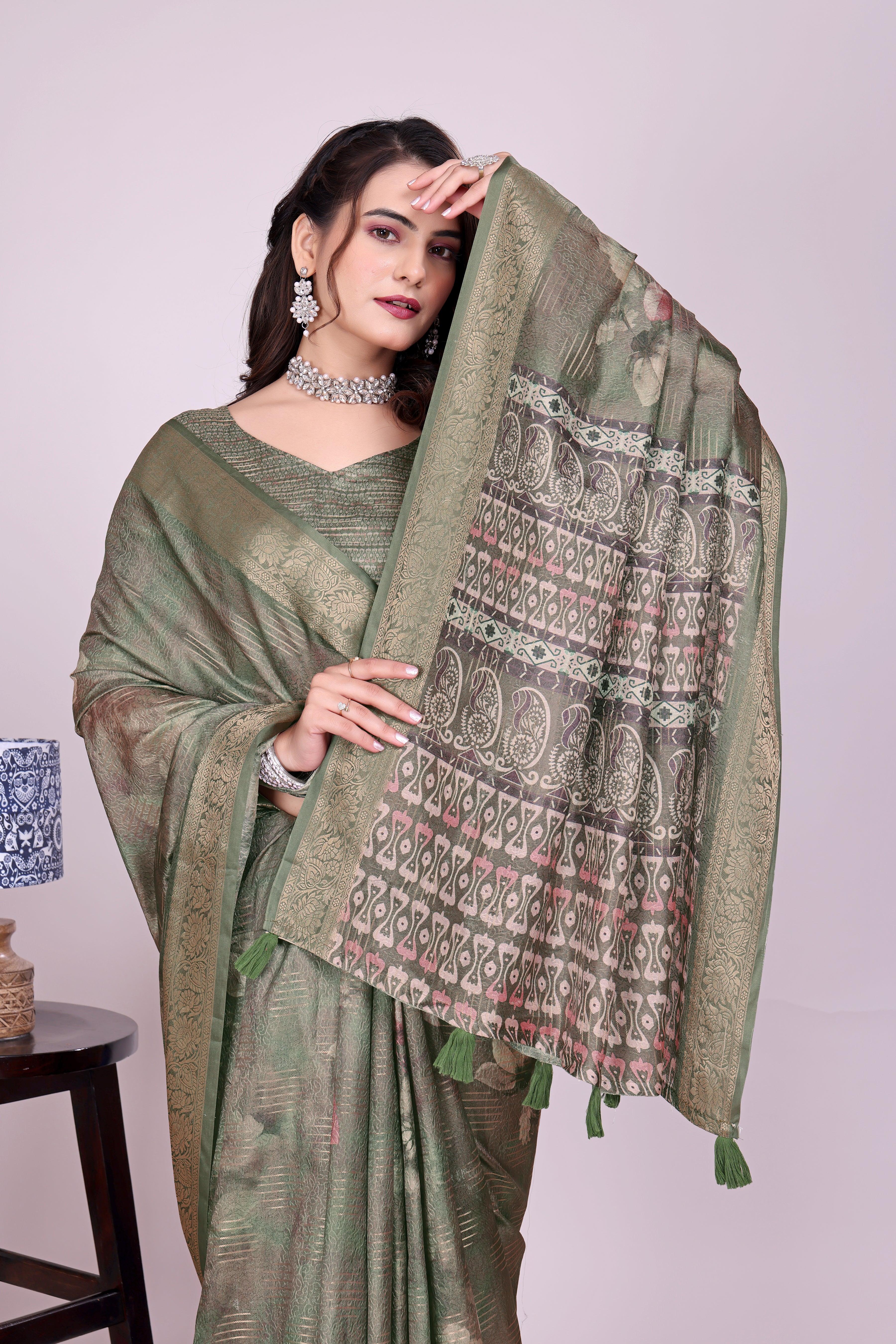 Karishma Mehandi Green Self Jacquard Silk Saree