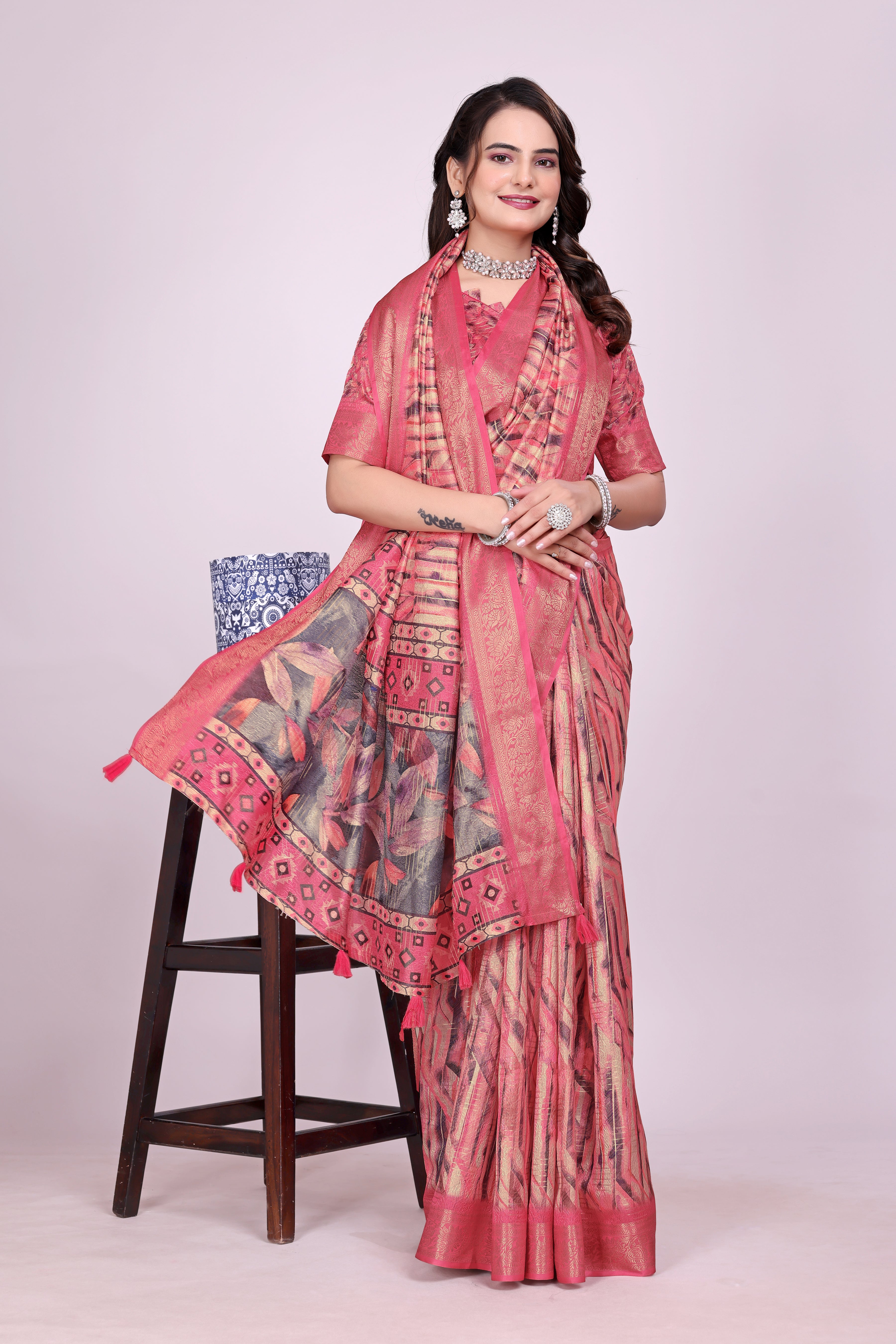 Karishma Geometric Pink Self Jacquard Silk Saree