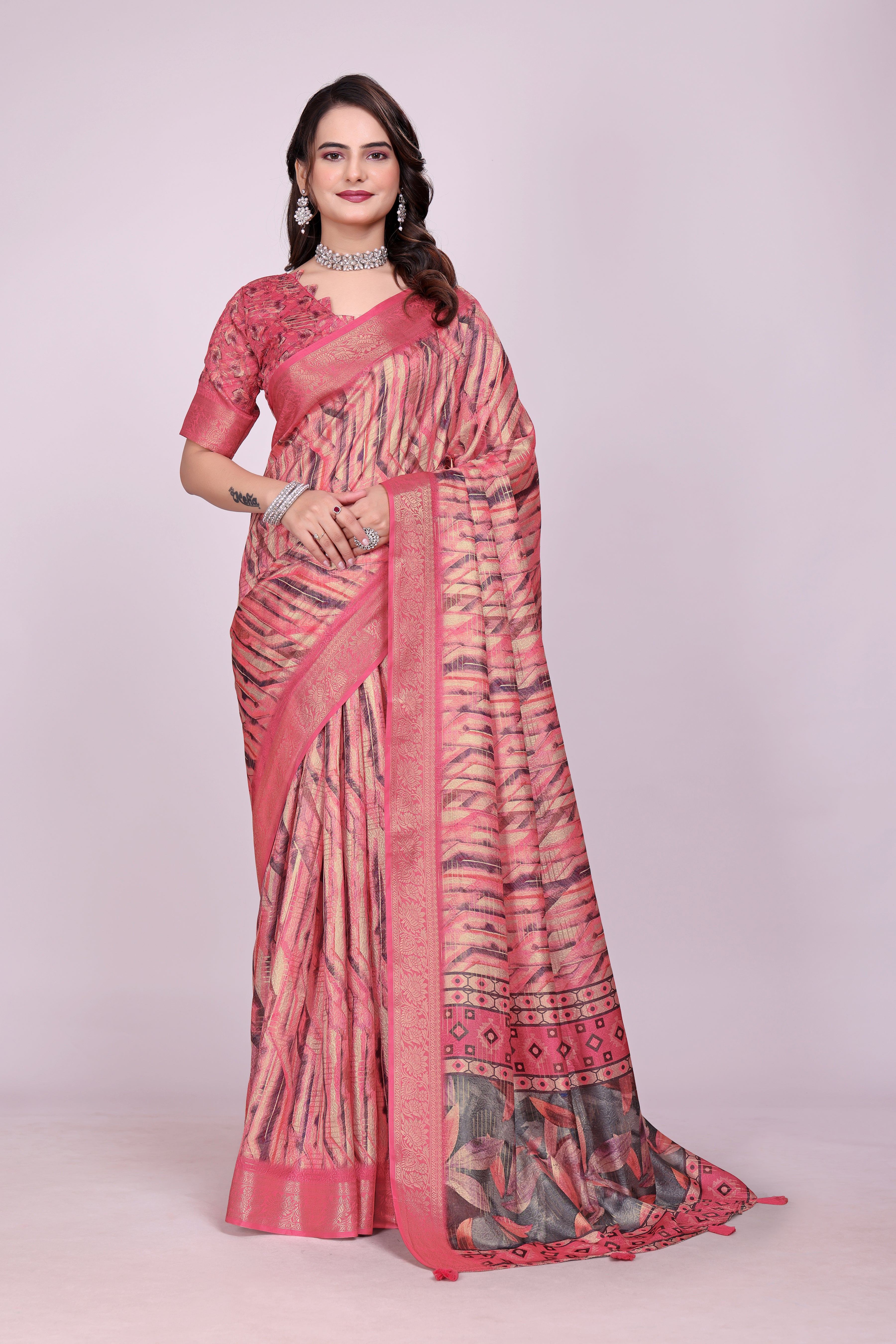 Karishma Geometric Pink Self Jacquard Silk Saree