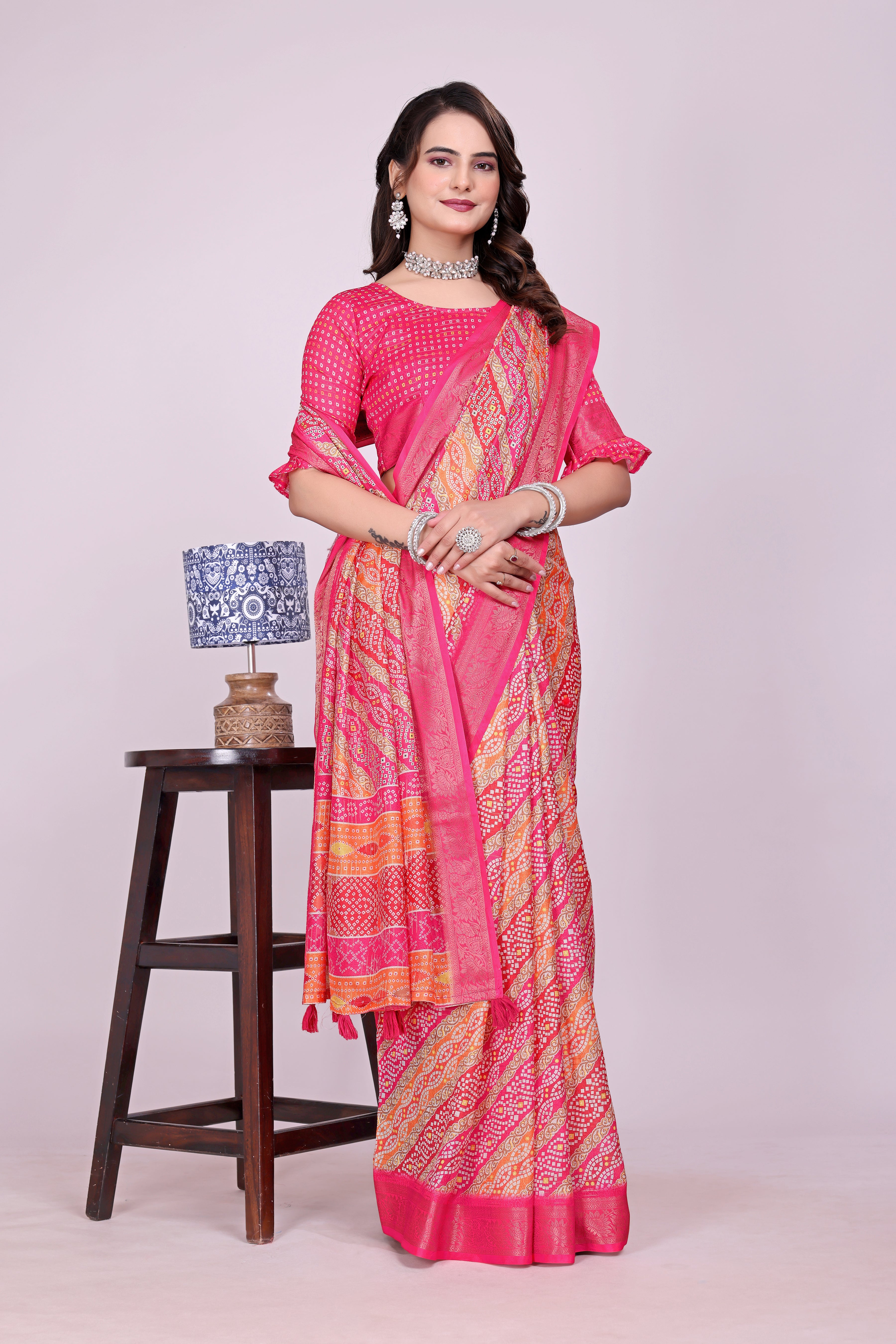 Karishma Pink bandhani Self Jacquard Silk Saree