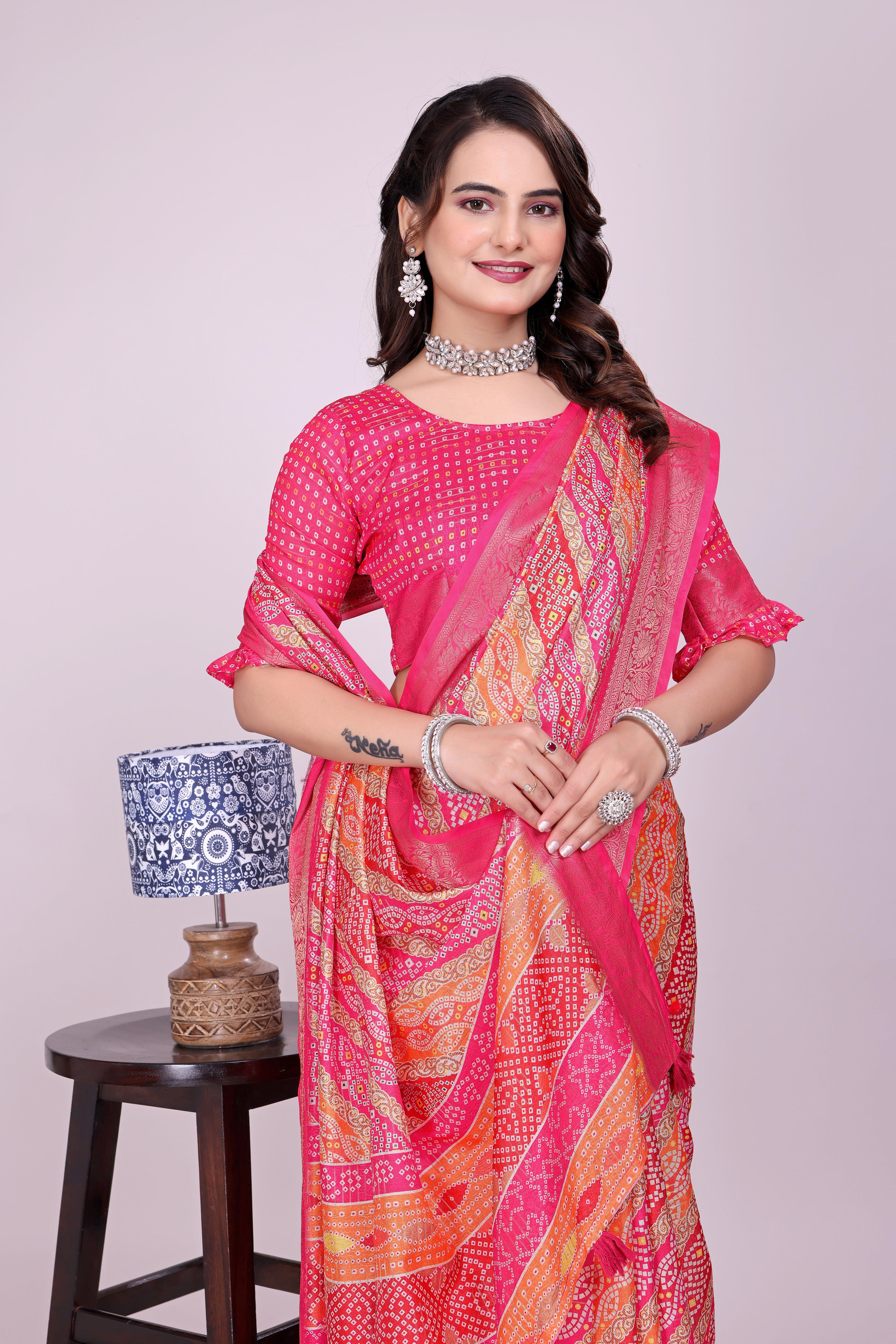 Karishma Pink bandhani Self Jacquard Silk Saree