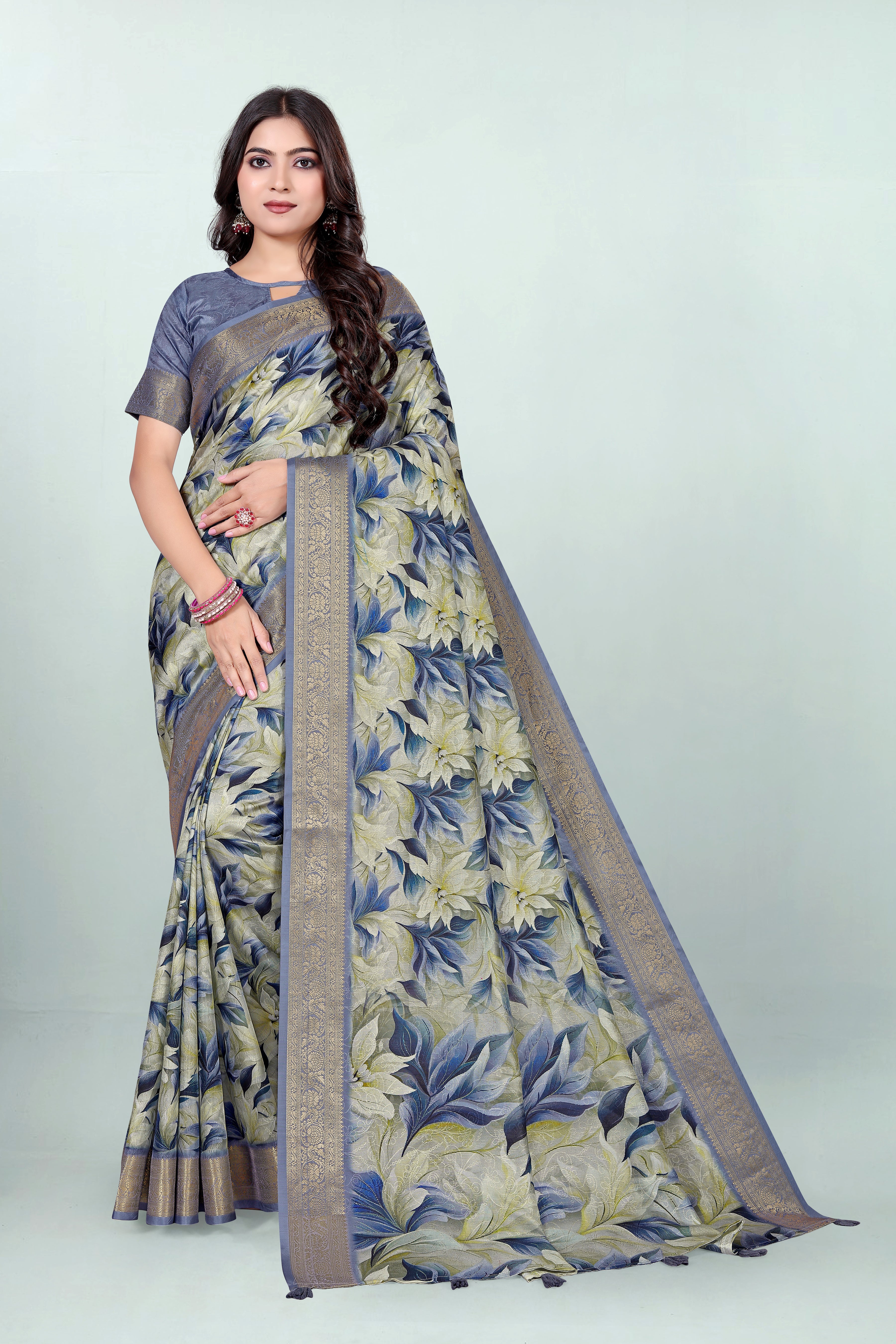 Krishna Blue-Yellow Self Jacquard Silk Saree