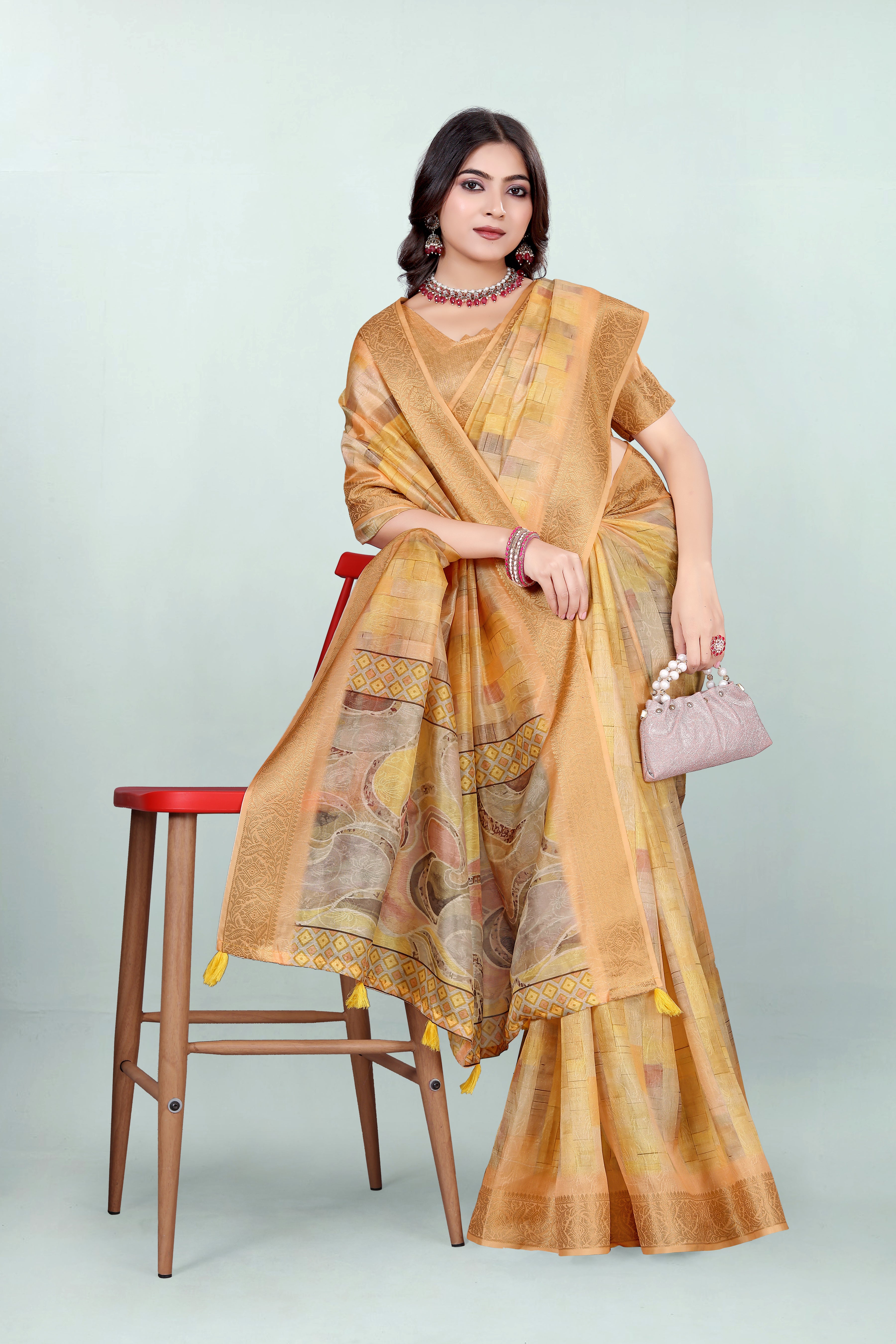 Krishna Orangish Yellow Self Jacquard Silk Saree