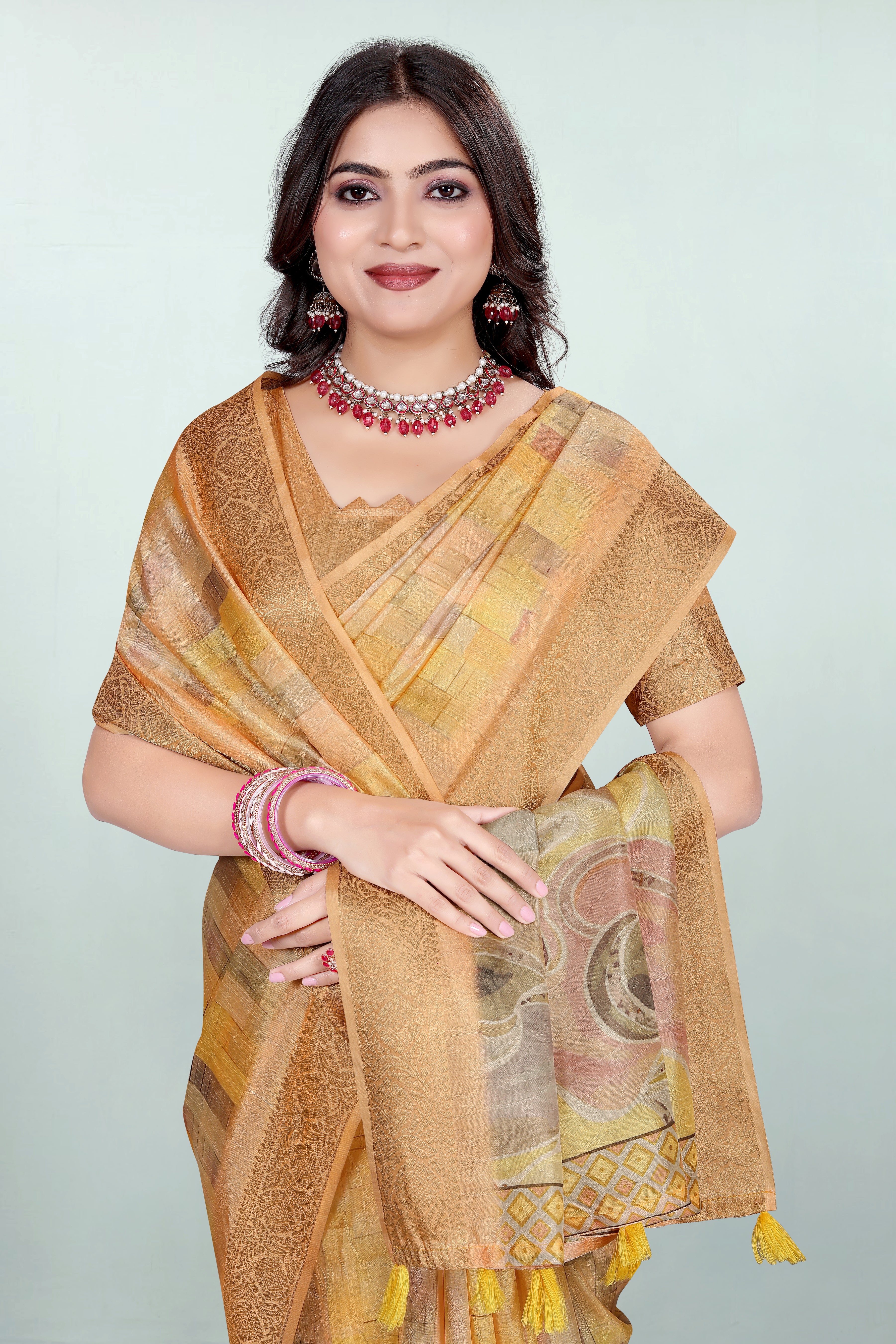 Krishna Orangish Yellow Self Jacquard Silk Saree