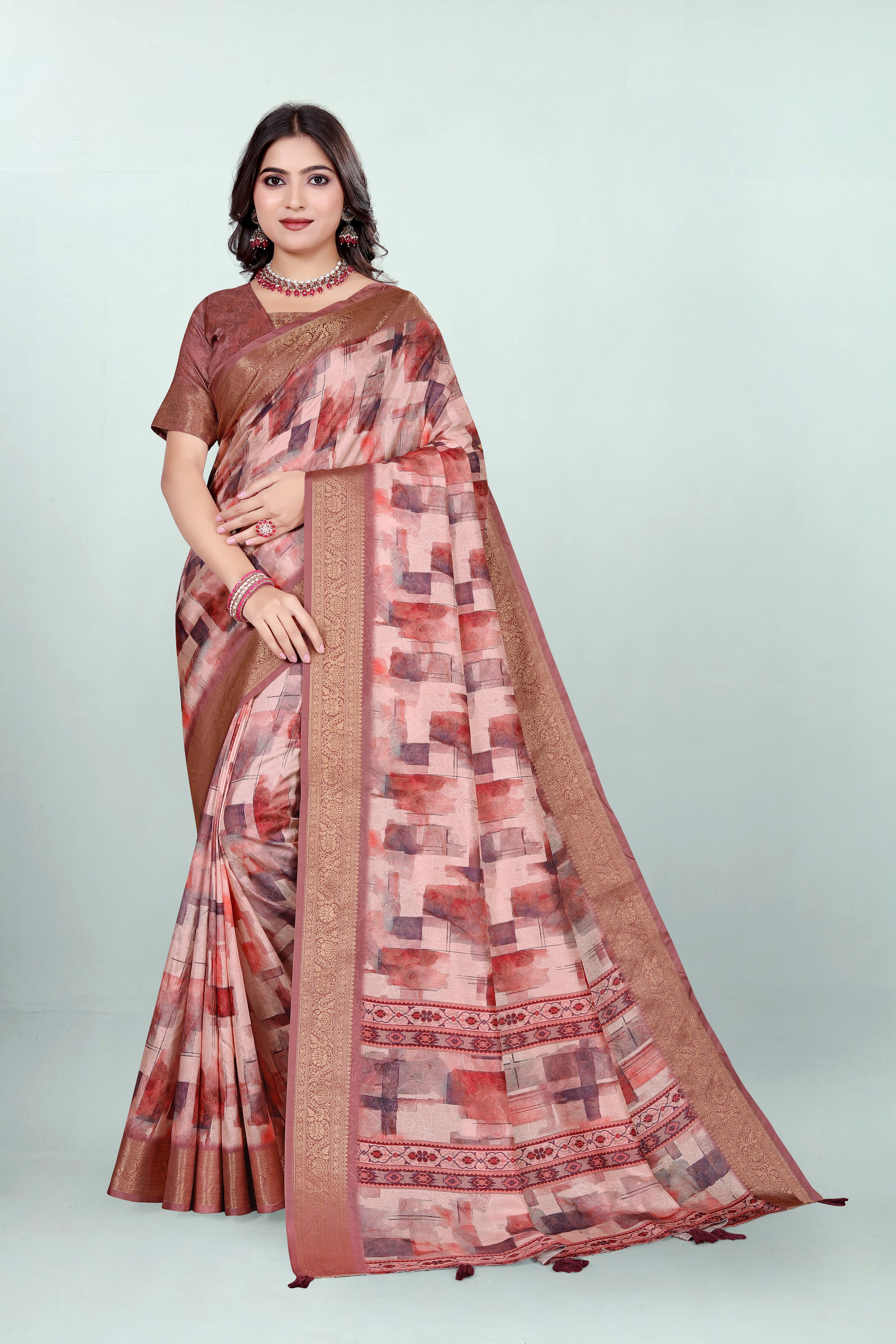 Krishna Geometrical Maroon Self Jacquard Silk Saree
