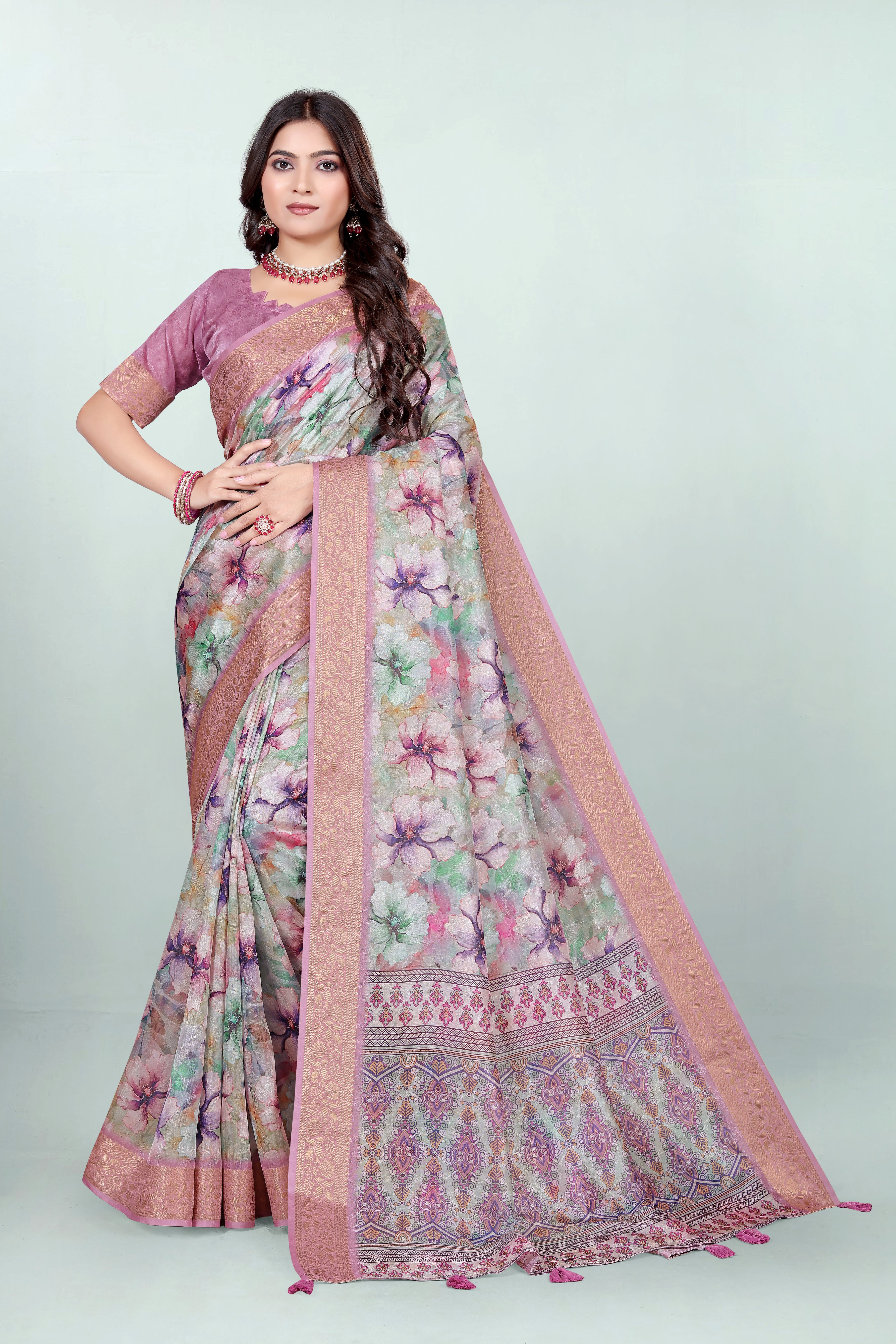 Krishna Pink Floral Self Jacquard Silk Saree