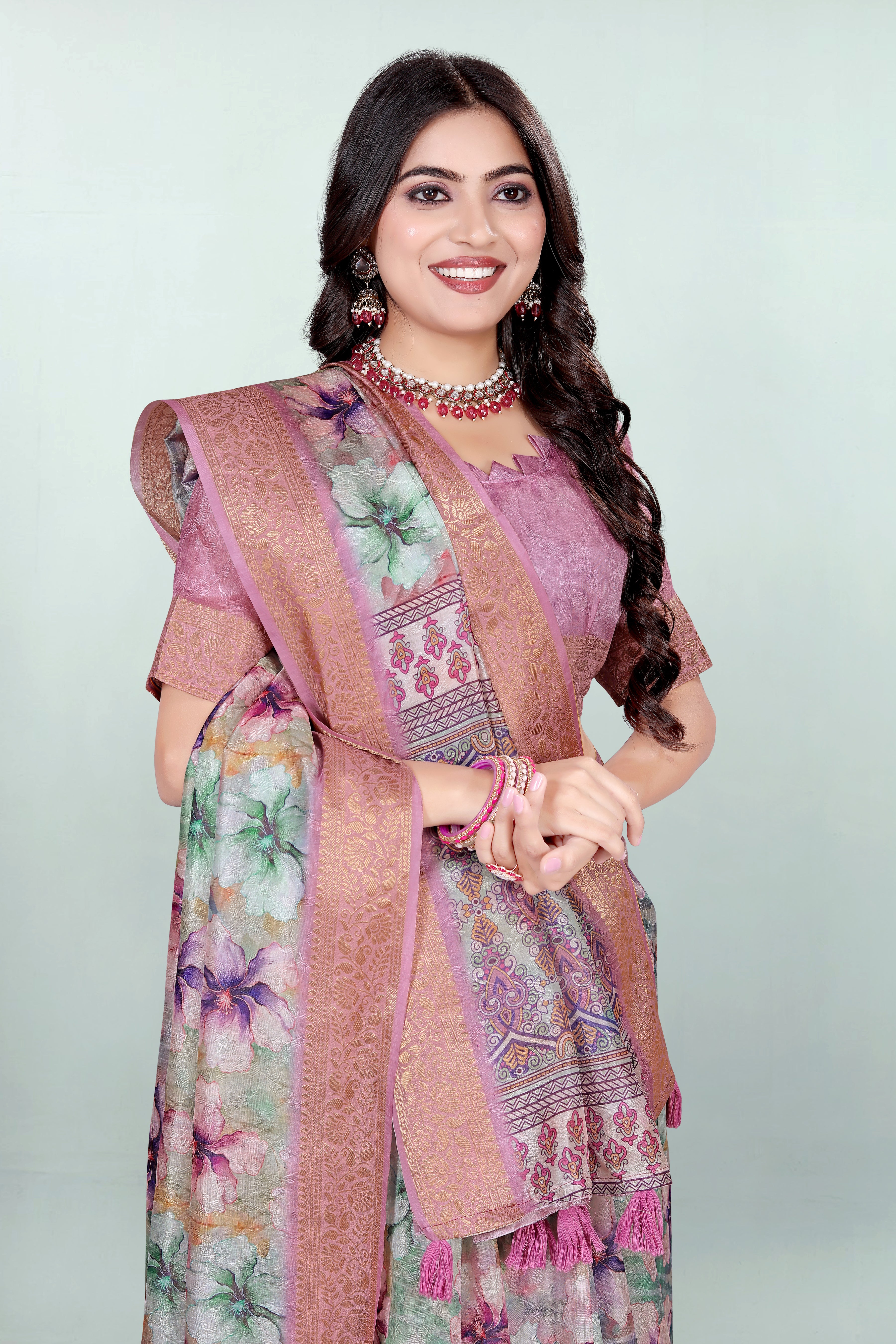 Krishna Pink Floral Self Jacquard Silk Saree