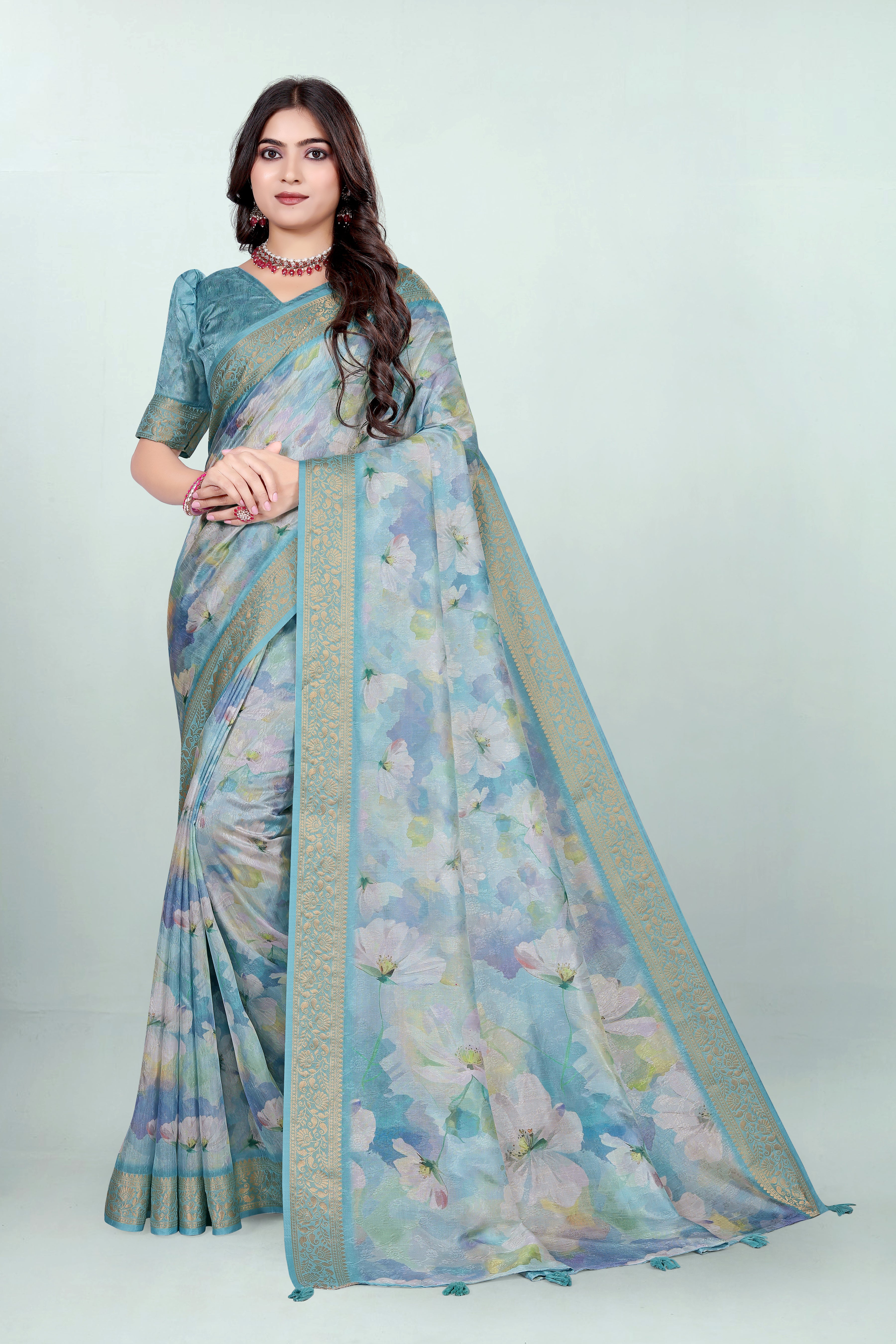 Krishna Sky Blue Floral Self Jacquard Silk Saree