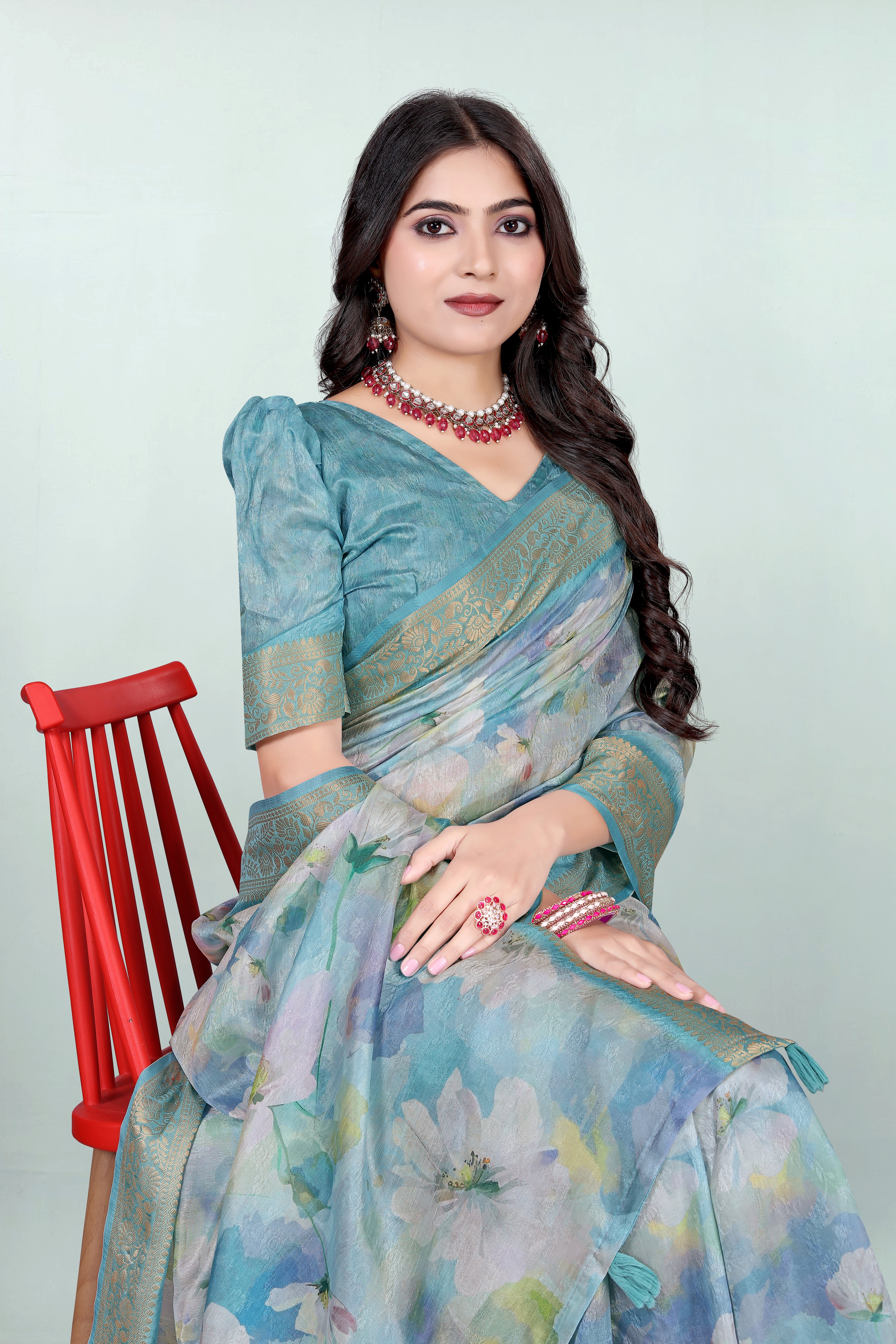 Krishna Sky Blue Floral Self Jacquard Silk Saree