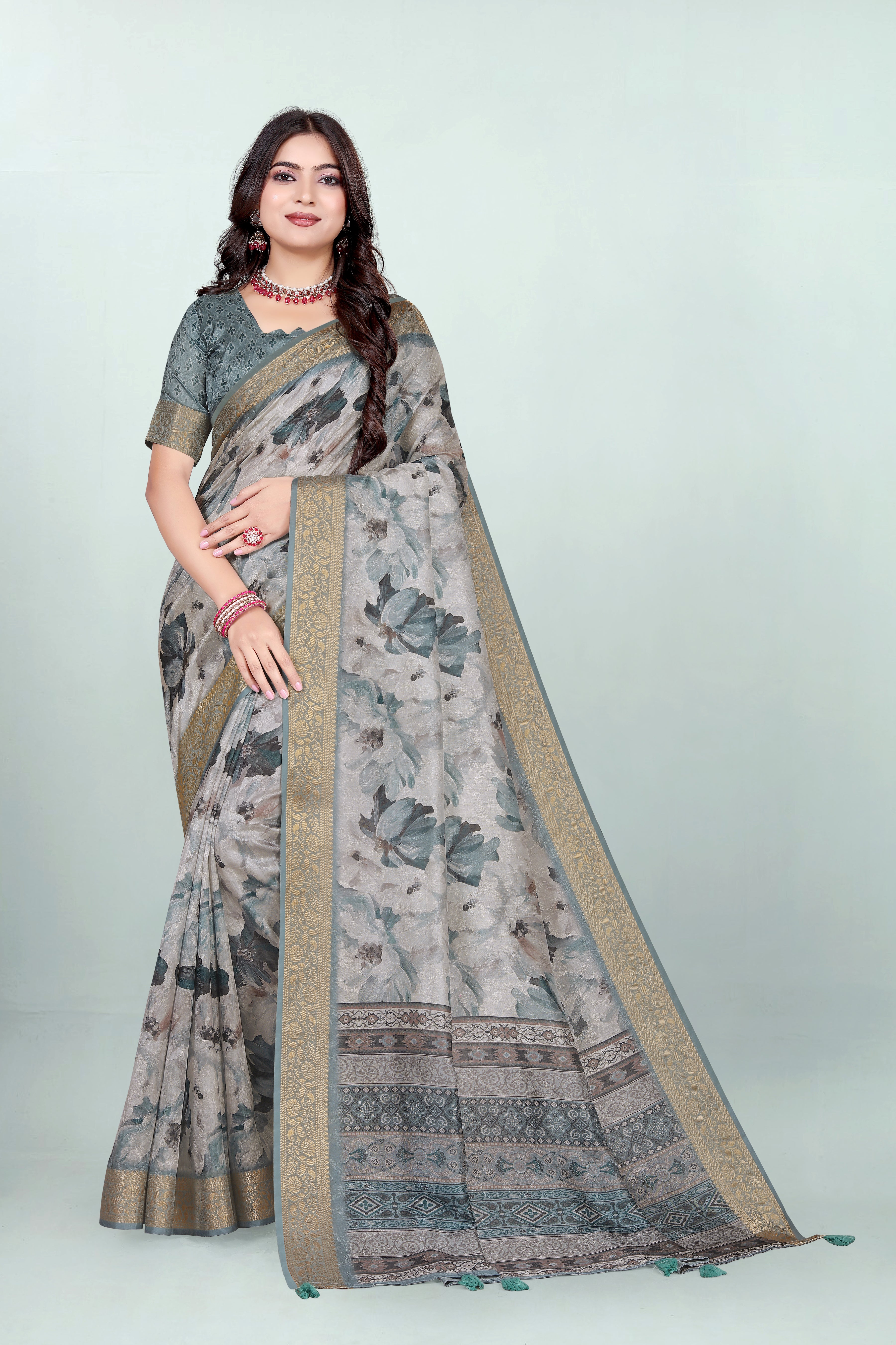 Krishna Stale Grey Floral Self Jacquard Silk Saree