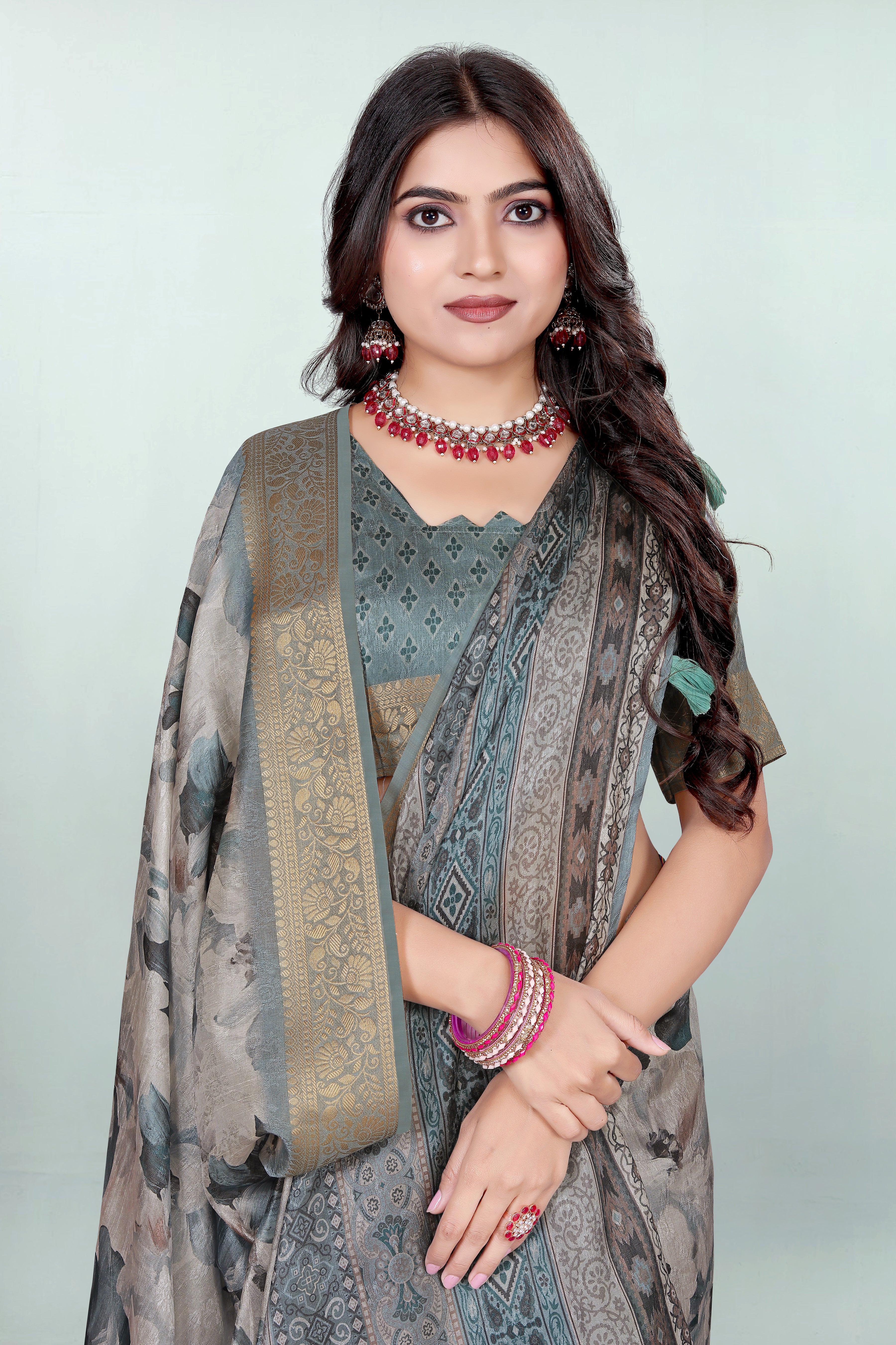 Krishna Stale Grey Floral Self Jacquard Silk Saree