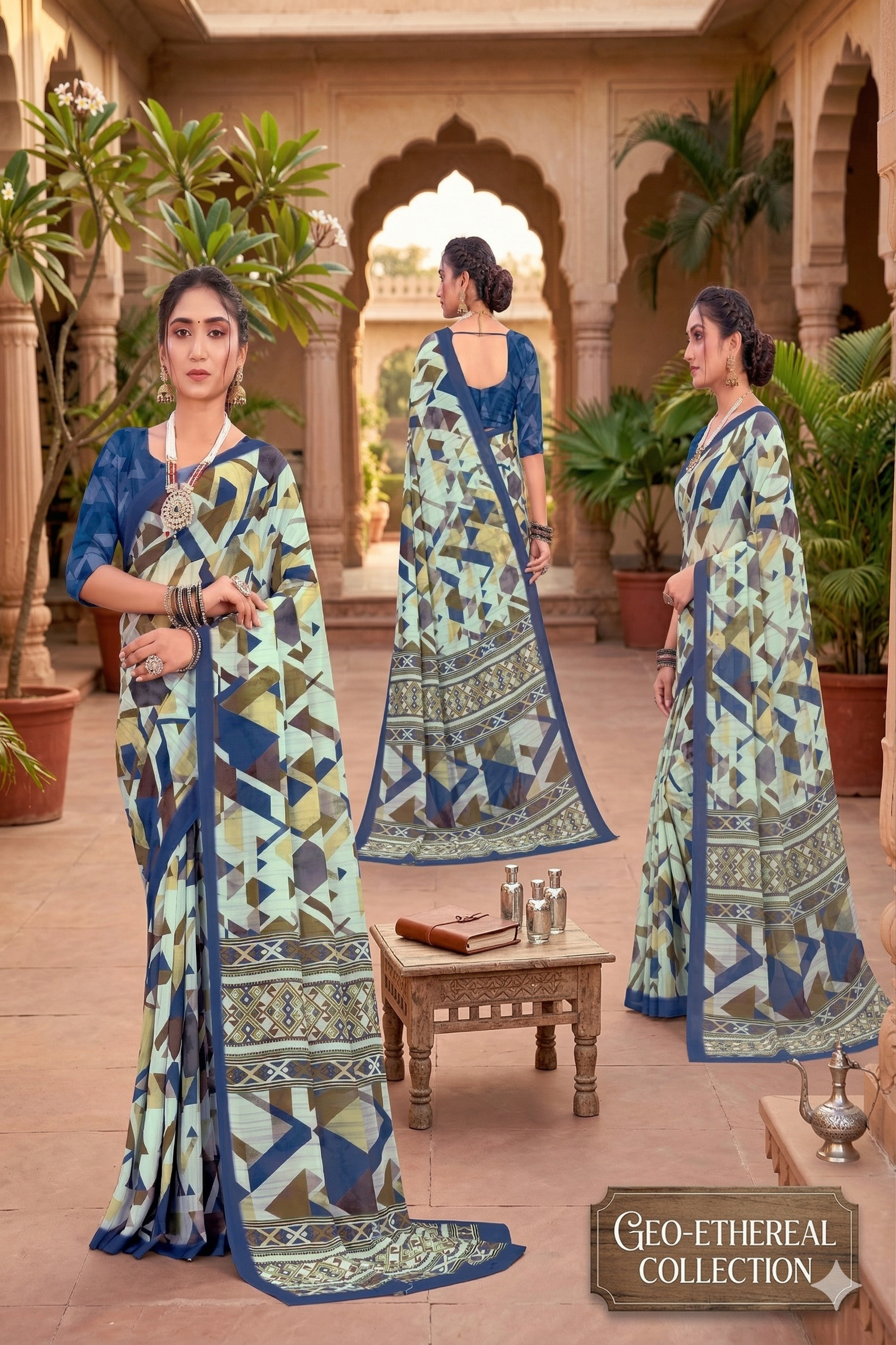 Milli Weightless Printed Saree – Elegant Blue Geometric Designer Saree