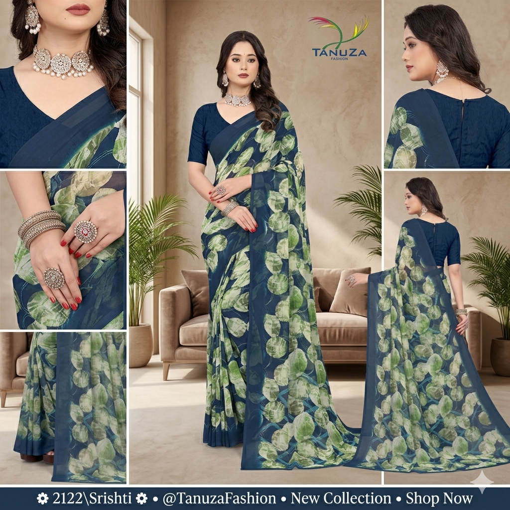 Shristi Designer Printed Saree – Elegant Navy Blue Party Wear Saree
