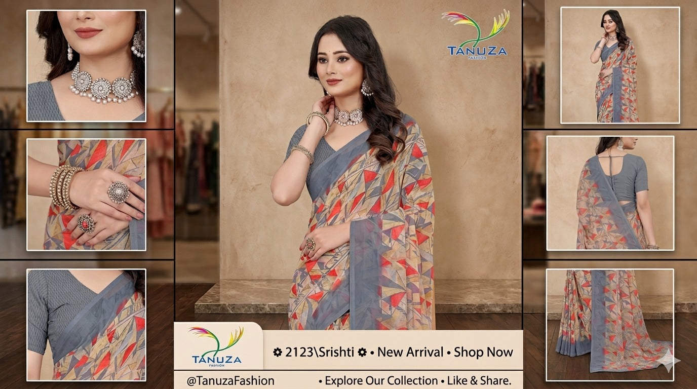Shristi Designer Printed Saree – Stylish Grey Geometric Party Wear Saree