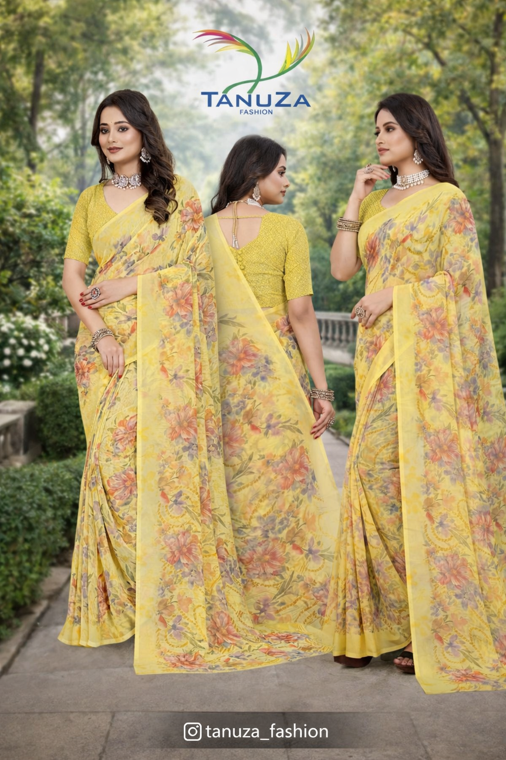 Srishti Floral Printed Saree – Elegant Yellow Designer Saree