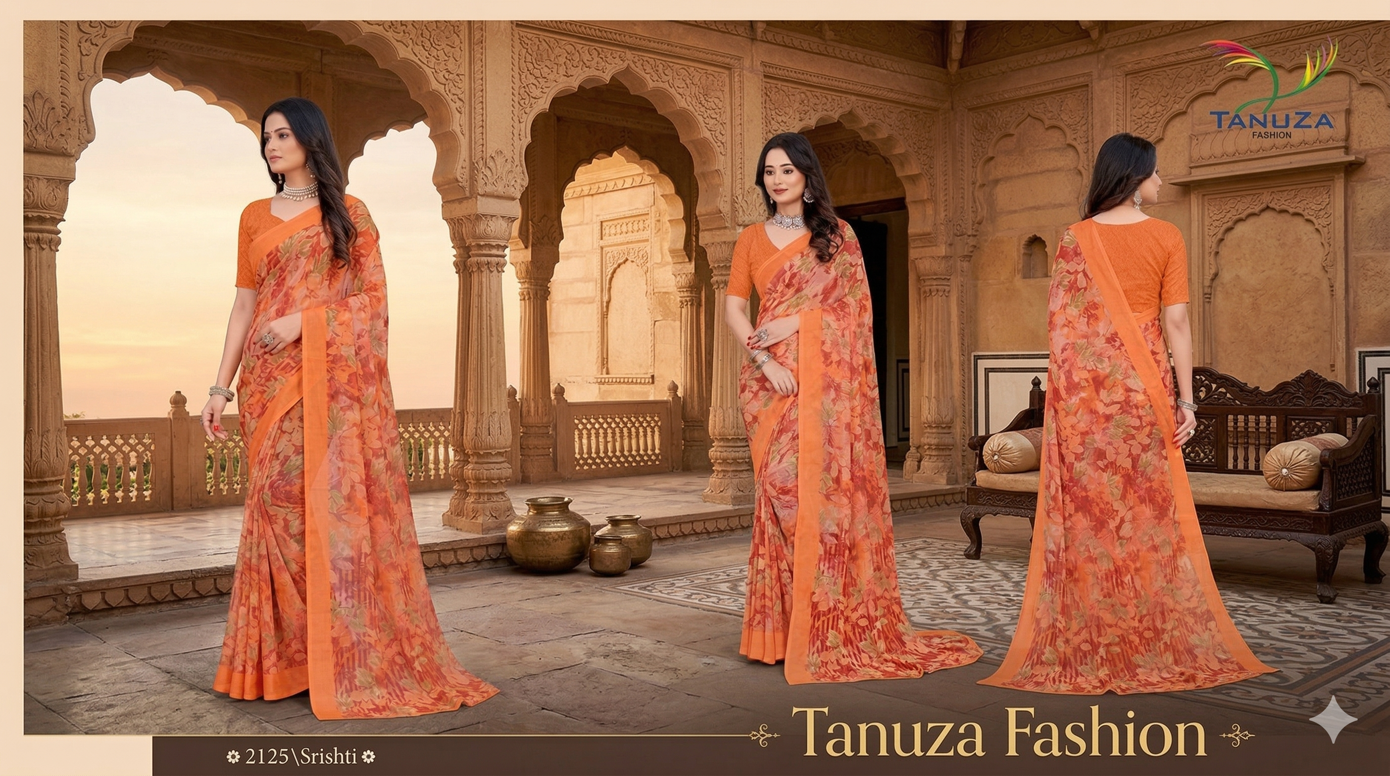 Srishti Floral Printed Saree – Elegant Orange Designer Party Wear Saree