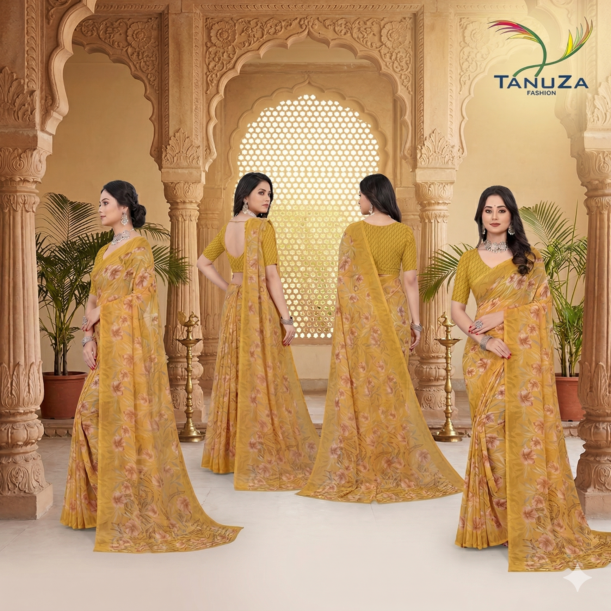 Srishti Floral Printed Saree – Elegant Mustard Yellow Designer Saree