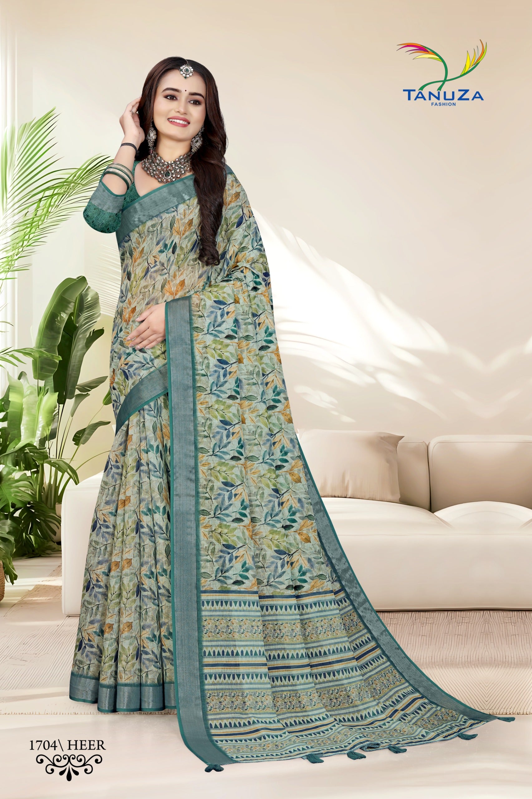 Heer Forest Green Linen Saree.