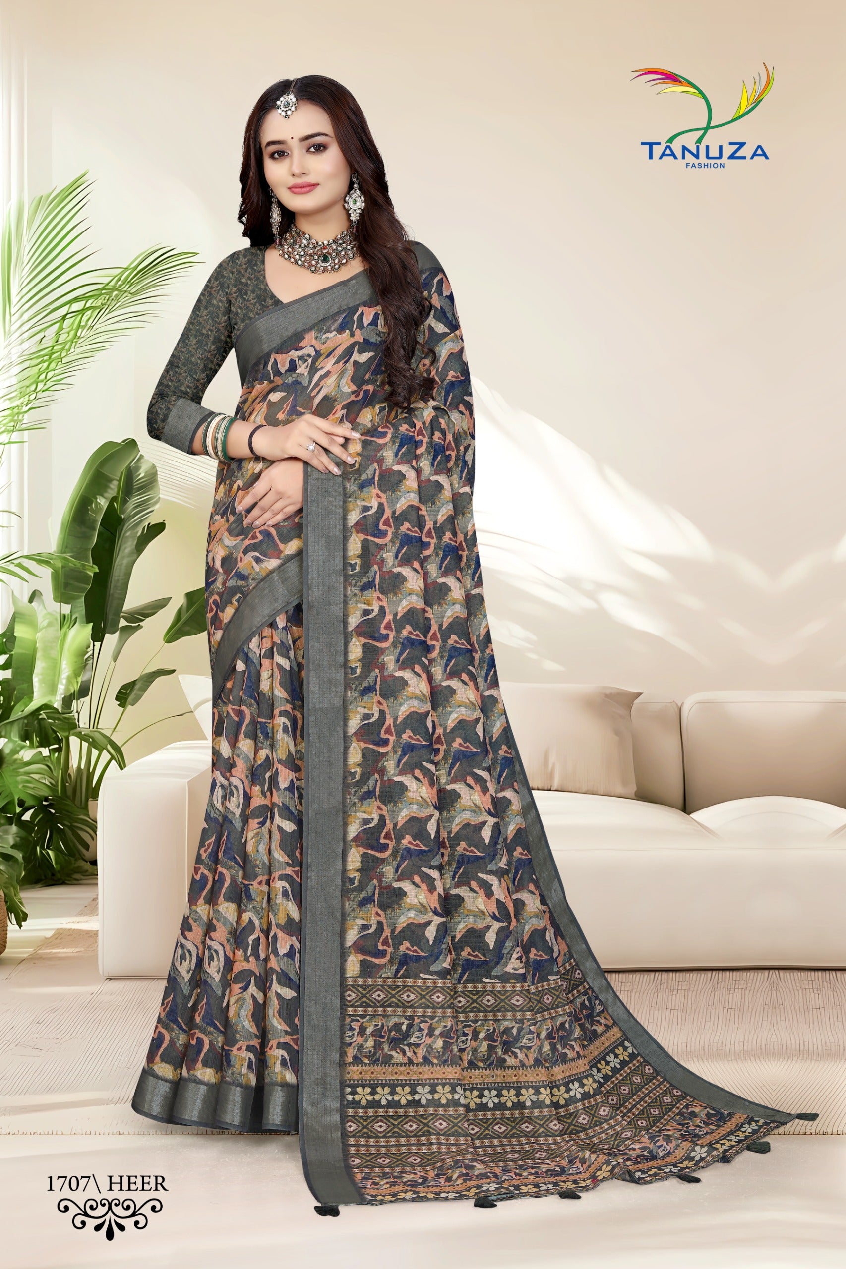 Heer Dark Grey Linen Saree.