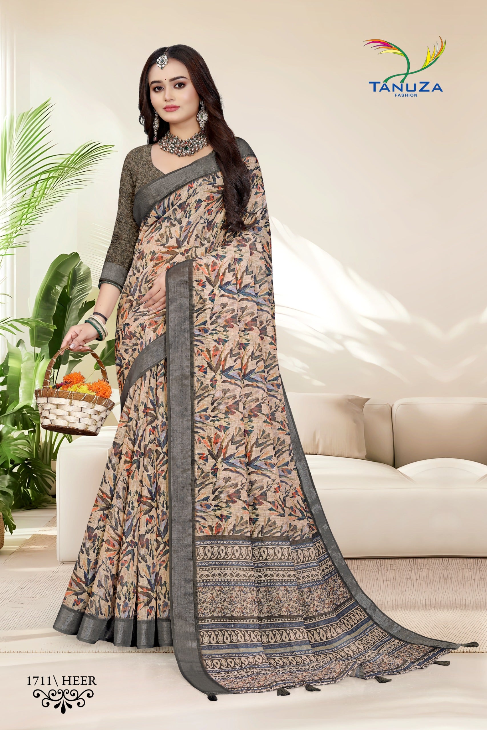 Heer Greyish Brown Linen Saree.