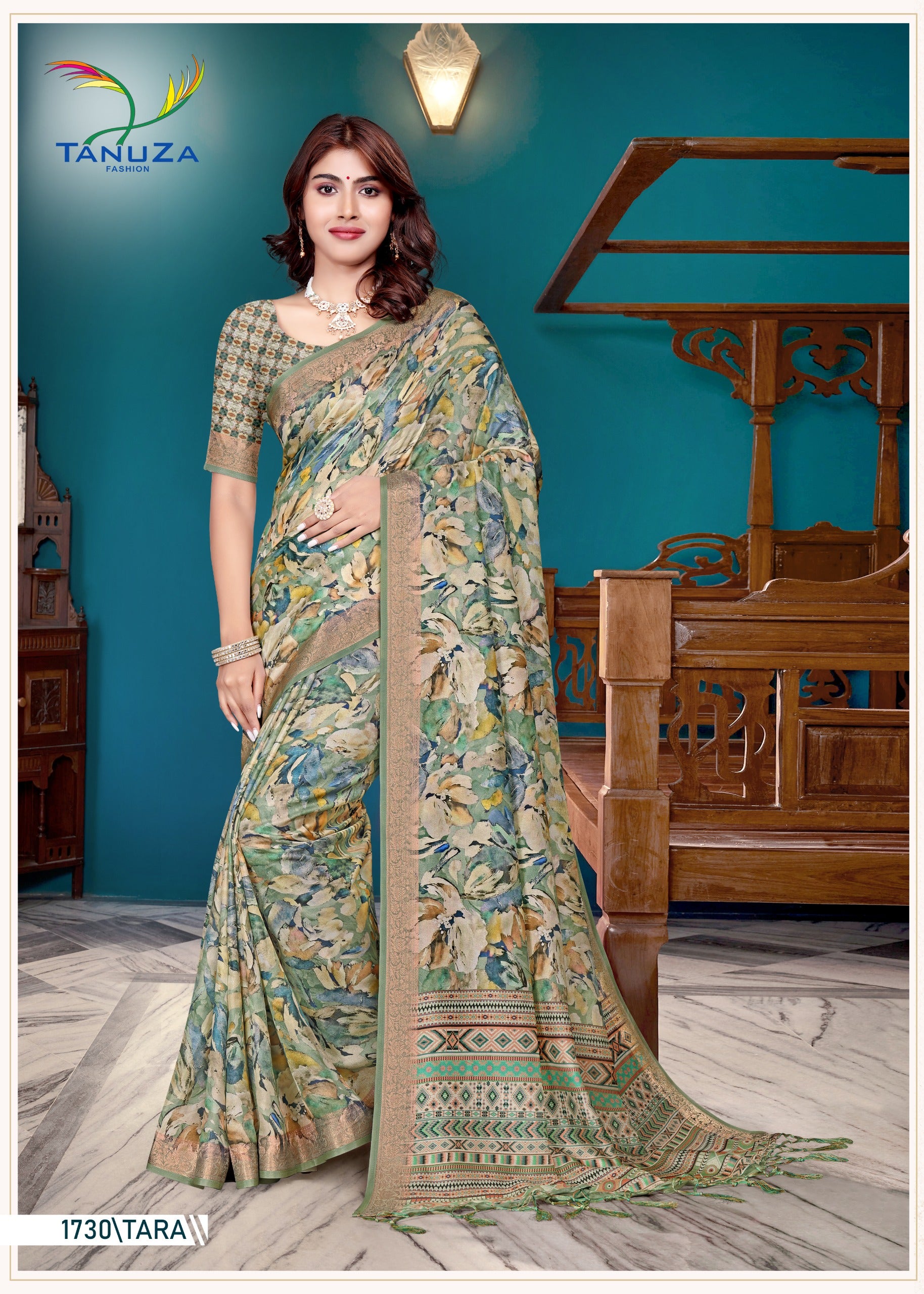 Olive Green Marshmallow Fabric Saree