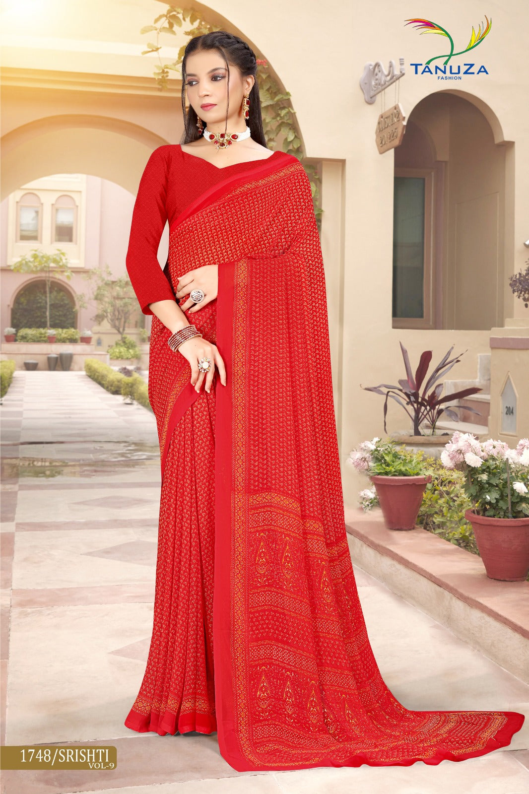 Squash Red Srishti Georgette Saree