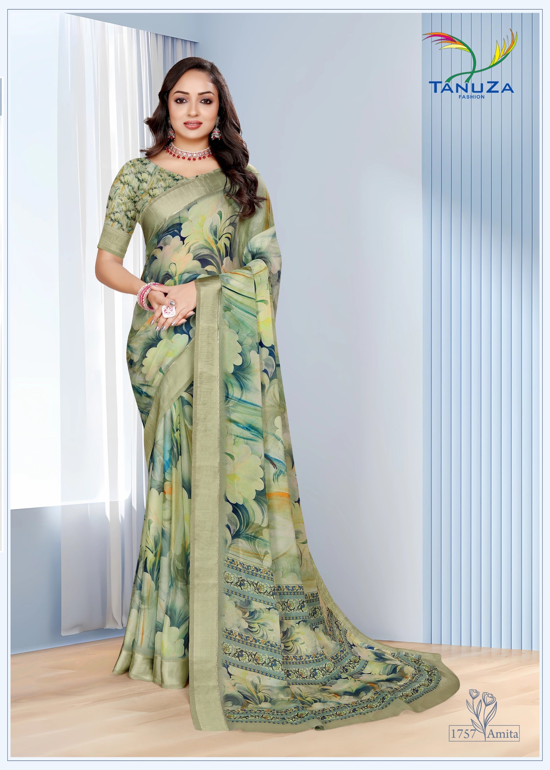 Amita Celadon Dull Moss Saree.
