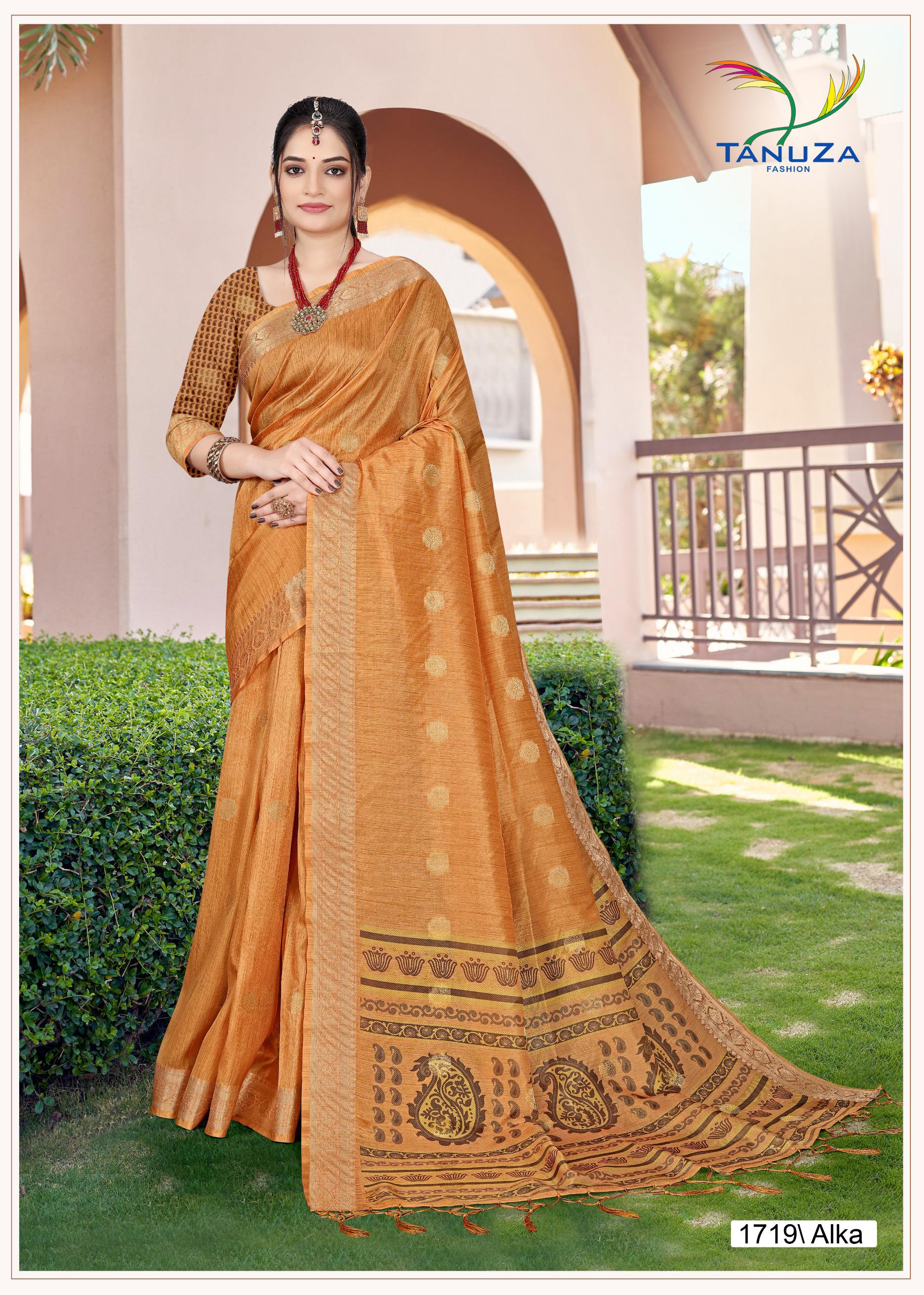 Alka Silk Butti Ochre Yellow Saree