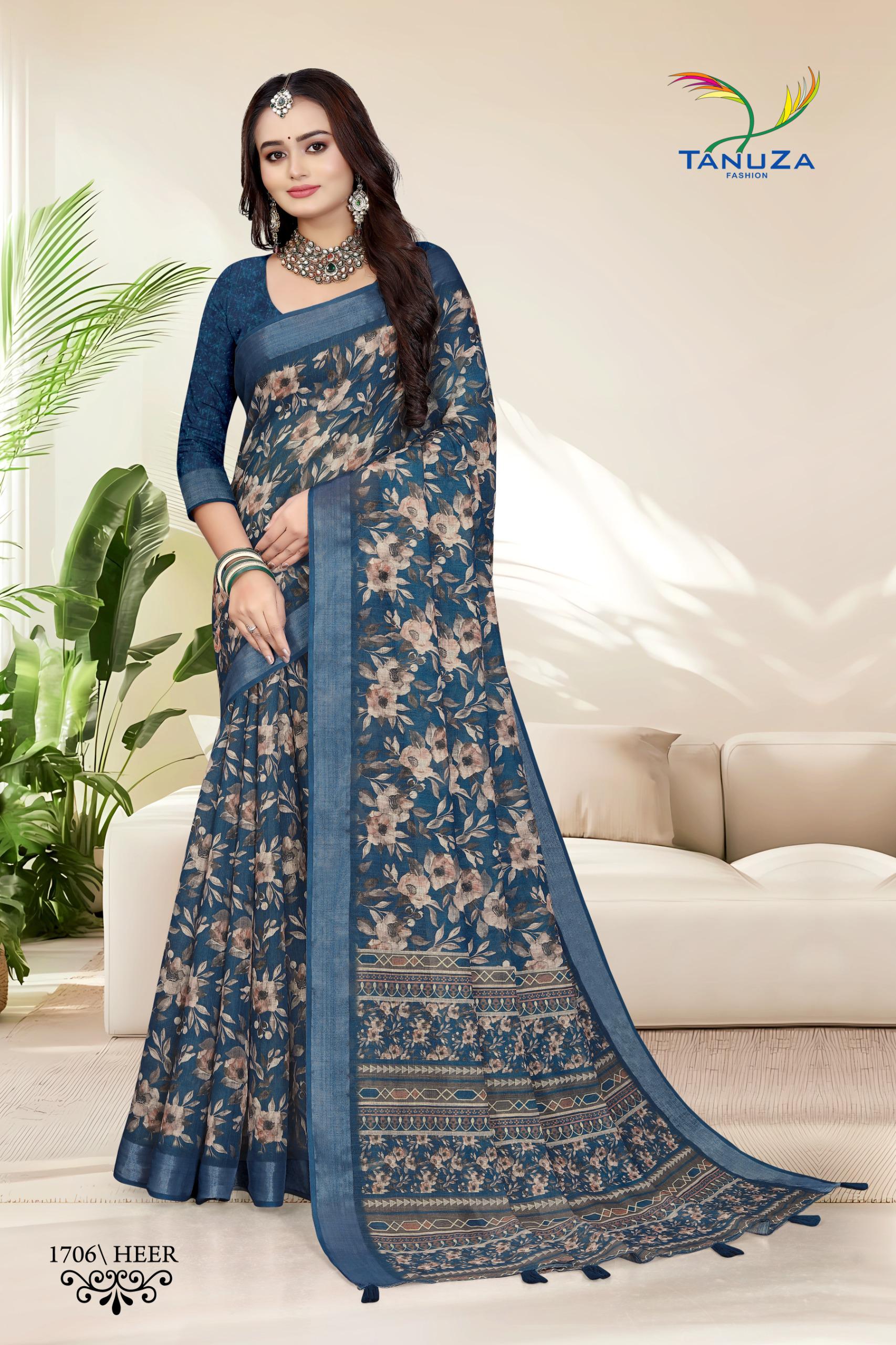 Heer Blue Floral Linen Saree.