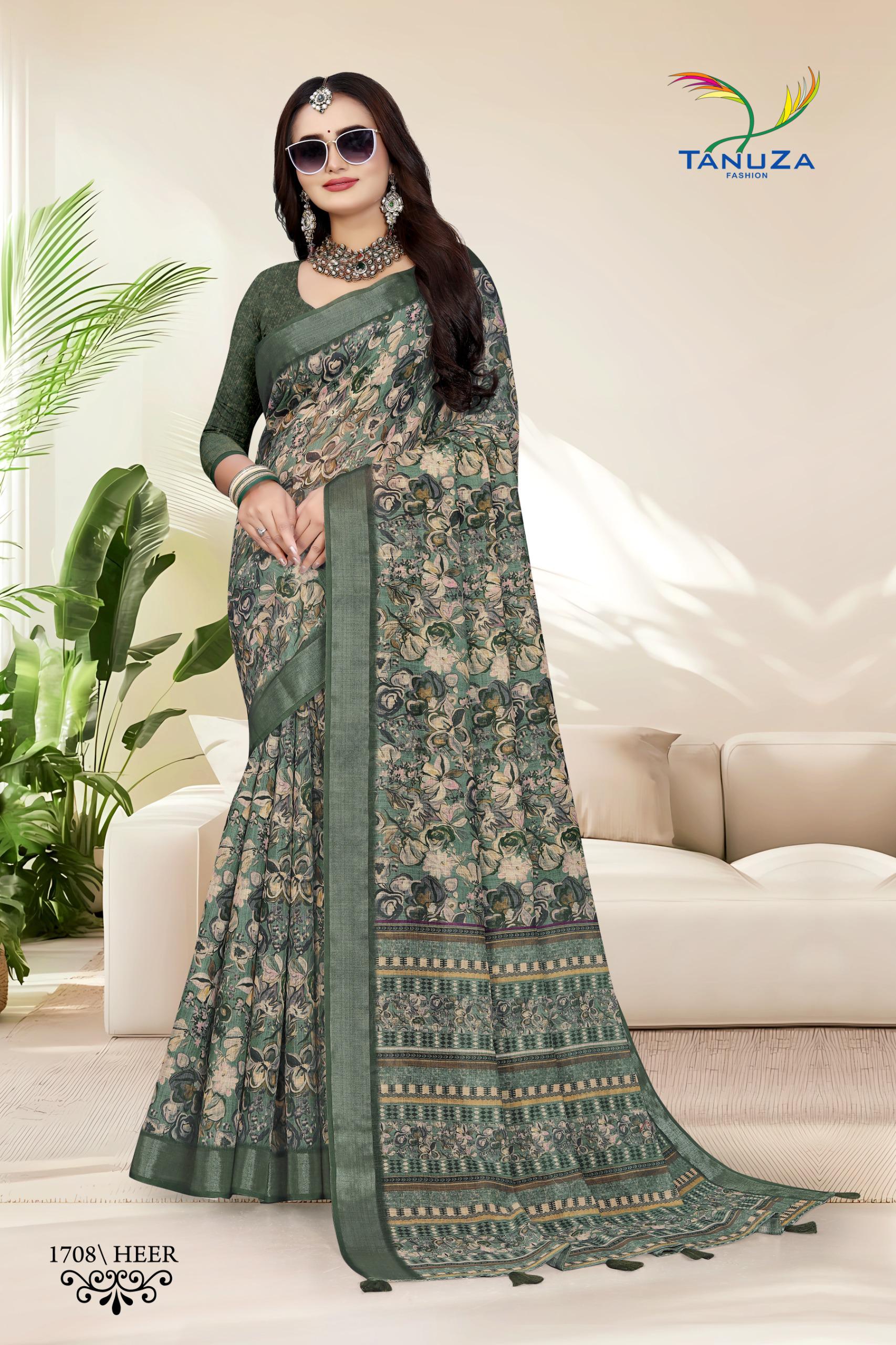 Heer Floral Green Linen Saree.
