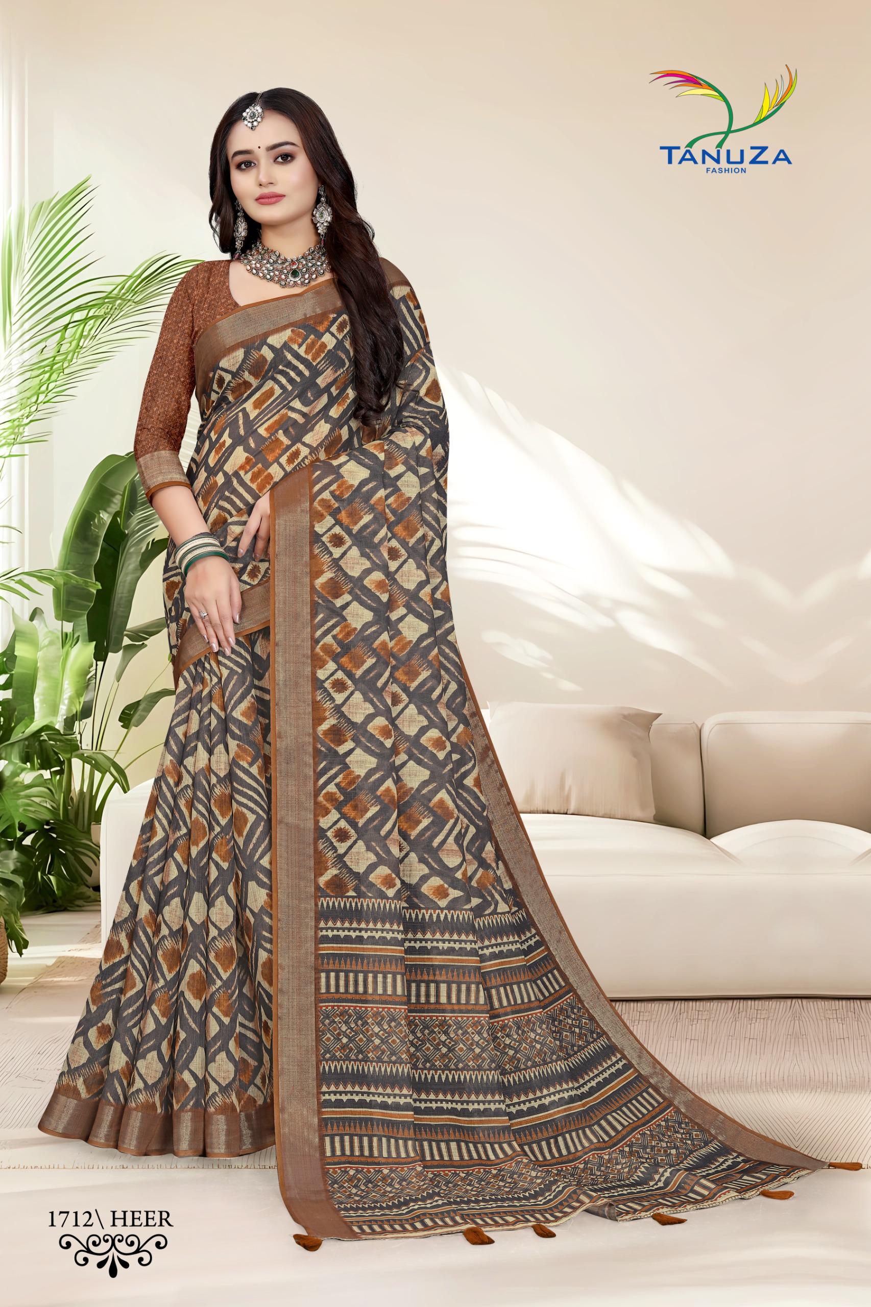 Heer yellow-brown checked Linen Saree.