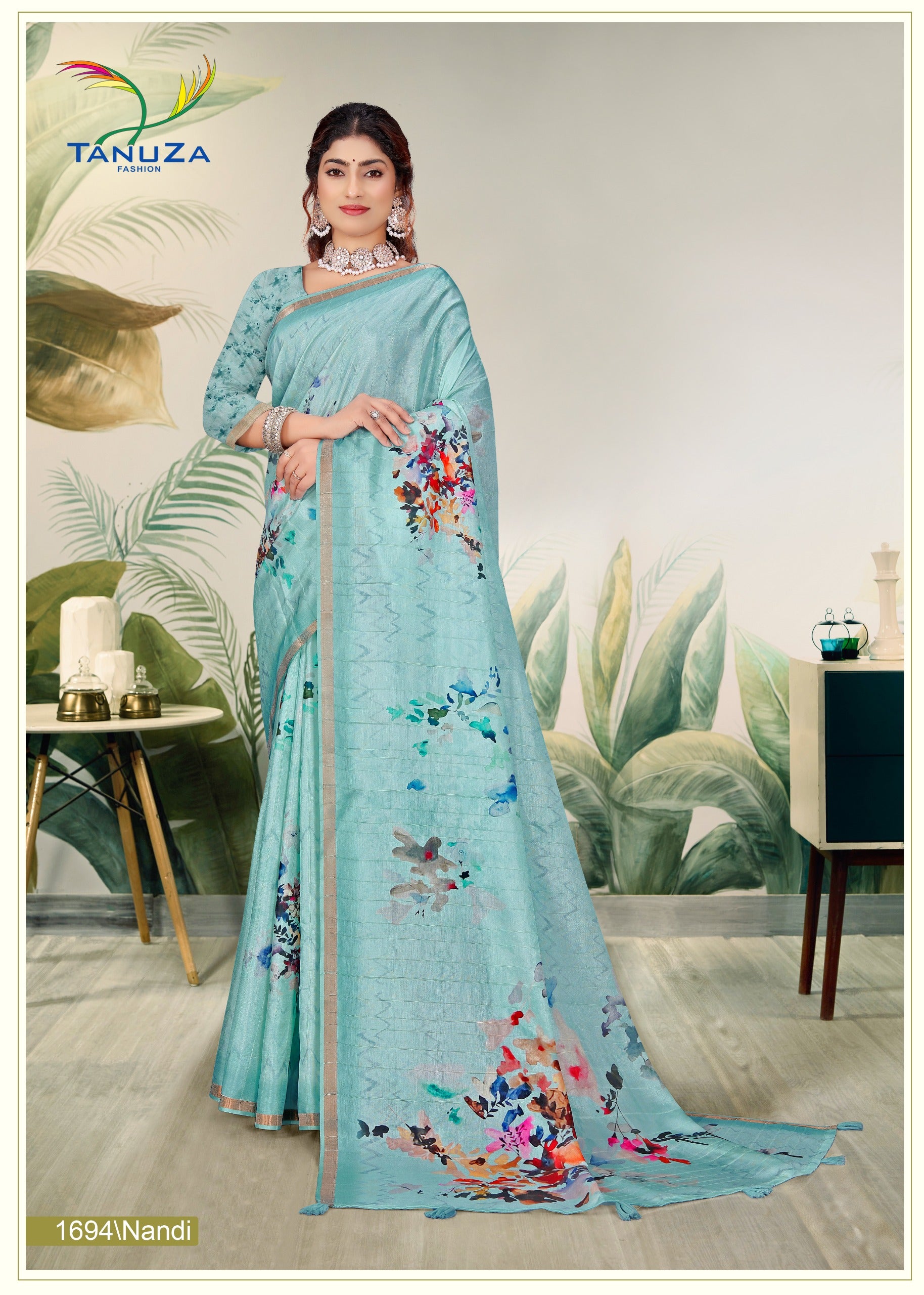 Sky Blue Floral Handloom Silk Saree